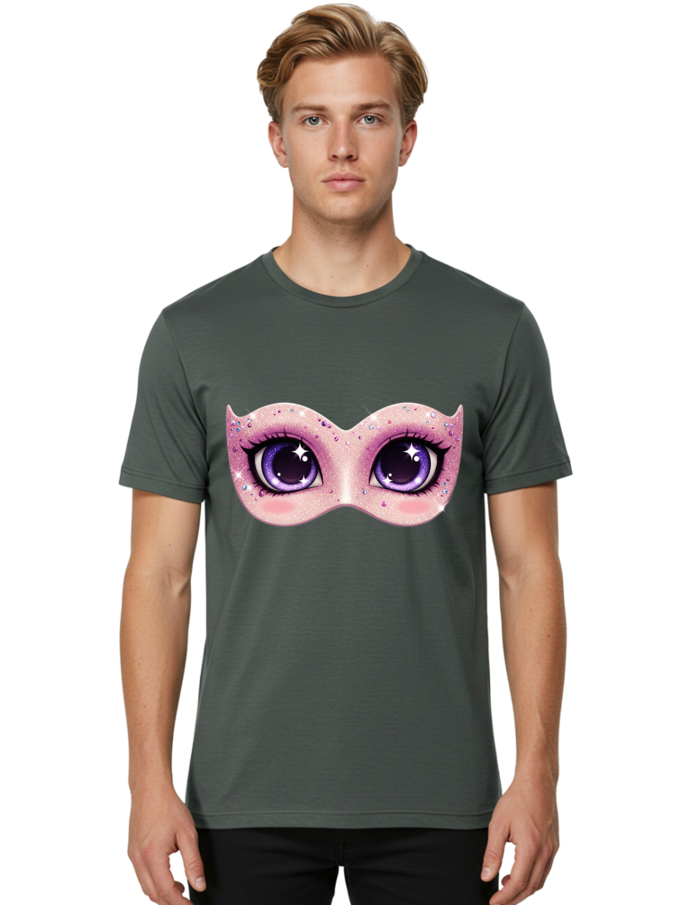 Purple-Eyes-Mask Men'S Graphic Tee, 100% Cotton, Comfortable Casual Summer Wear, Machine Washable, Cartoon Woman Eyes, Purple Eyes, Pink Mask, Rhinestones, Glamorous, Mysterious, Fashion, Beauty, Makeup, Cosmetics Bad463