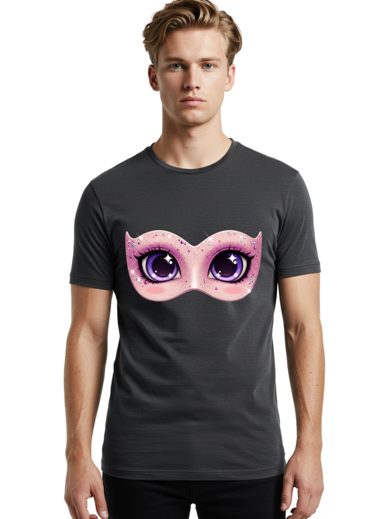 Purple-Eyes-Mask Men'S Graphic Tee, 100% Cotton, Comfortable Casual Summer Wear, Machine Washable, Cartoon Woman Eyes, Purple Eyes, Pink Mask, Rhinestones, Glamorous, Mysterious, Fashion, Beauty, Makeup, Cosmetics Bad463