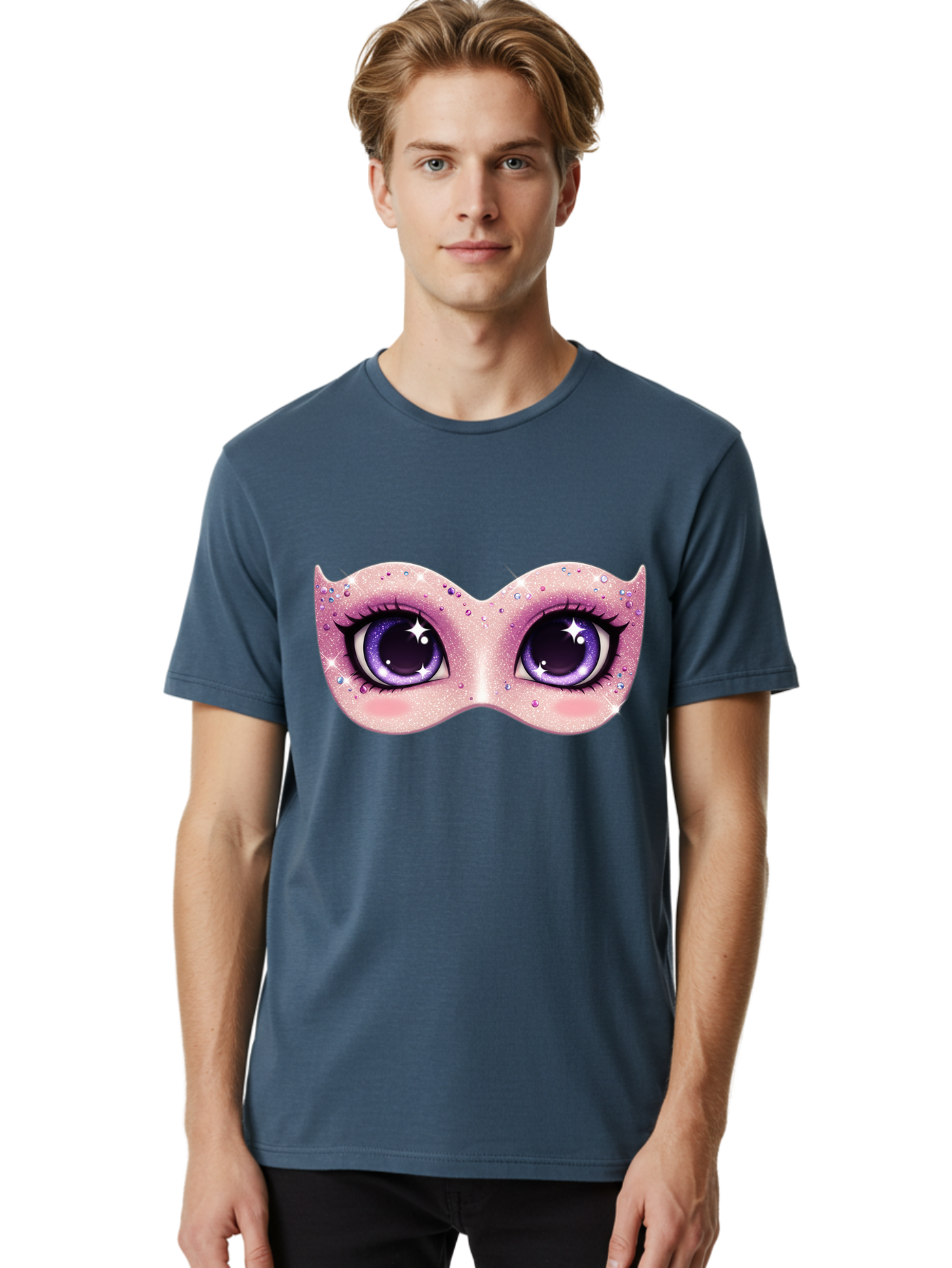 Purple-Eyes-Mask Men'S Graphic Tee, 100% Cotton, Comfortable Casual Summer Wear, Machine Washable, Cartoon Woman Eyes, Purple Eyes, Pink Mask, Rhinestones, Glamorous, Mysterious, Fashion, Beauty, Makeup, Cosmetics Bad463