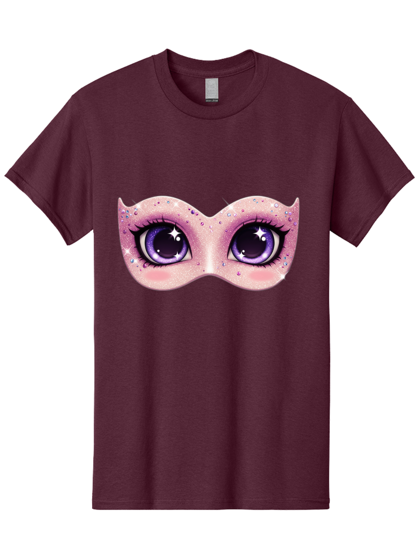 Purple-Eyes-Mask Men'S Graphic Tee, 100% Cotton, Comfortable Casual Summer Wear, Machine Washable, Cartoon Woman Eyes, Purple Eyes, Pink Mask, Rhinestones, Glamorous, Mysterious, Fashion, Beauty, Makeup, Cosmetics Bad463