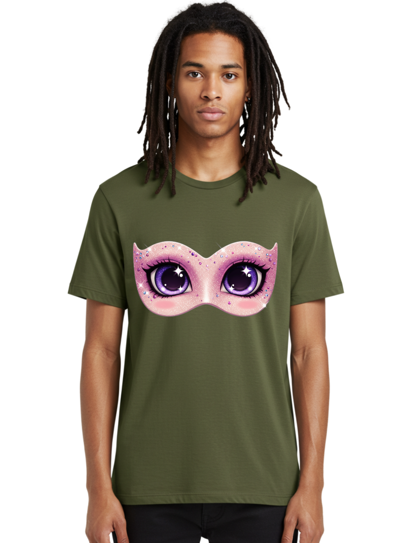 Purple-Eyes-Mask Men'S Graphic Tee, 100% Cotton, Comfortable Casual Summer Wear, Machine Washable, Cartoon Woman Eyes, Purple Eyes, Pink Mask, Rhinestones, Glamorous, Mysterious, Fashion, Beauty, Makeup, Cosmetics Bad463
