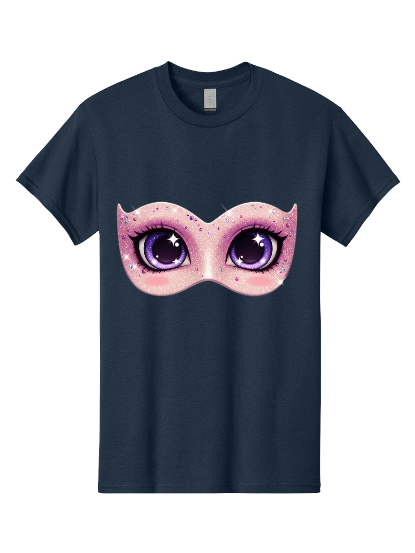 Purple-Eyes-Mask Men'S Graphic Tee, 100% Cotton, Comfortable Casual Summer Wear, Machine Washable, Cartoon Woman Eyes, Purple Eyes, Pink Mask, Rhinestones, Glamorous, Mysterious, Fashion, Beauty, Makeup, Cosmetics Bad463