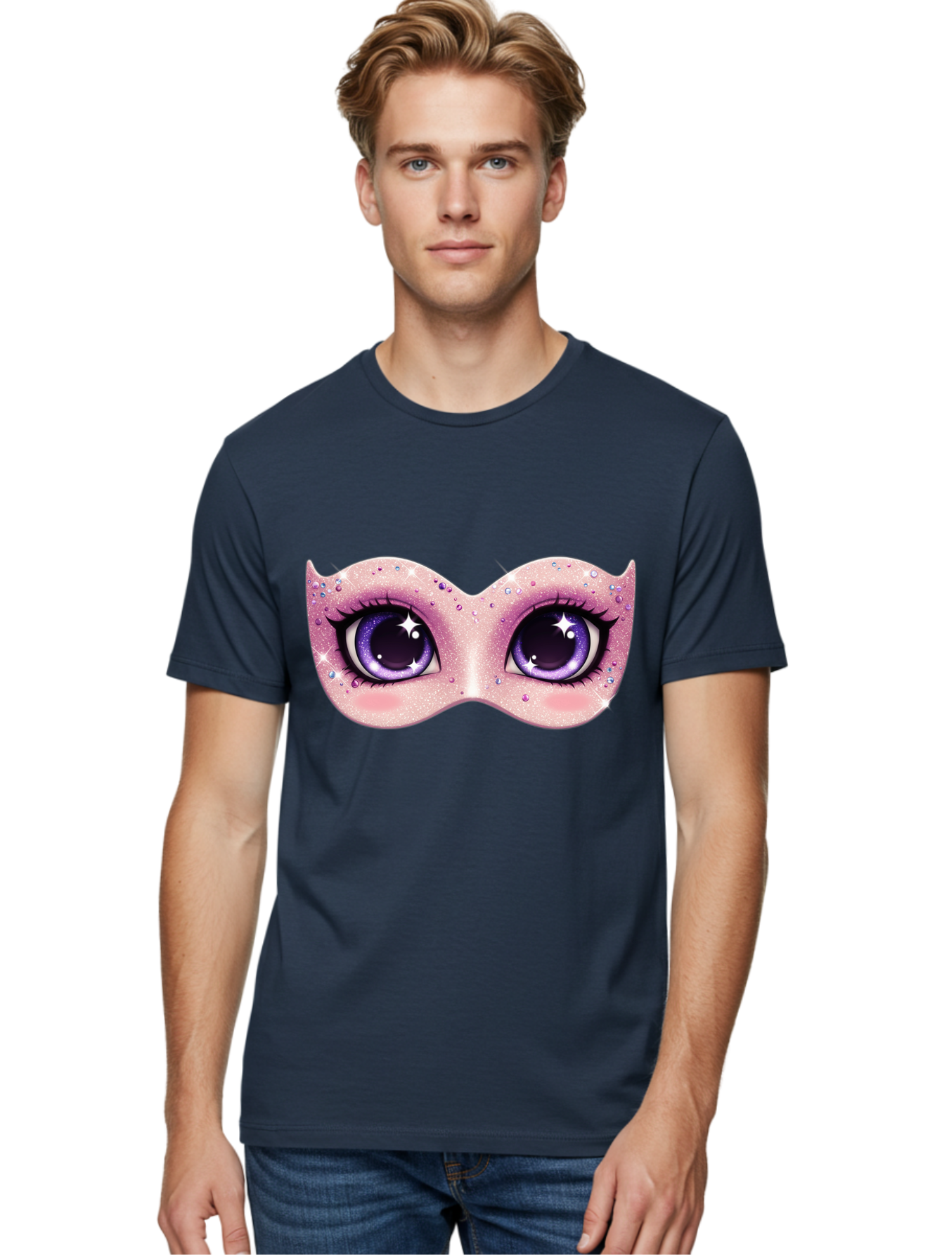 Purple-Eyes-Mask Men'S Graphic Tee, 100% Cotton, Comfortable Casual Summer Wear, Machine Washable, Cartoon Woman Eyes, Purple Eyes, Pink Mask, Rhinestones, Glamorous, Mysterious, Fashion, Beauty, Makeup, Cosmetics Bad463