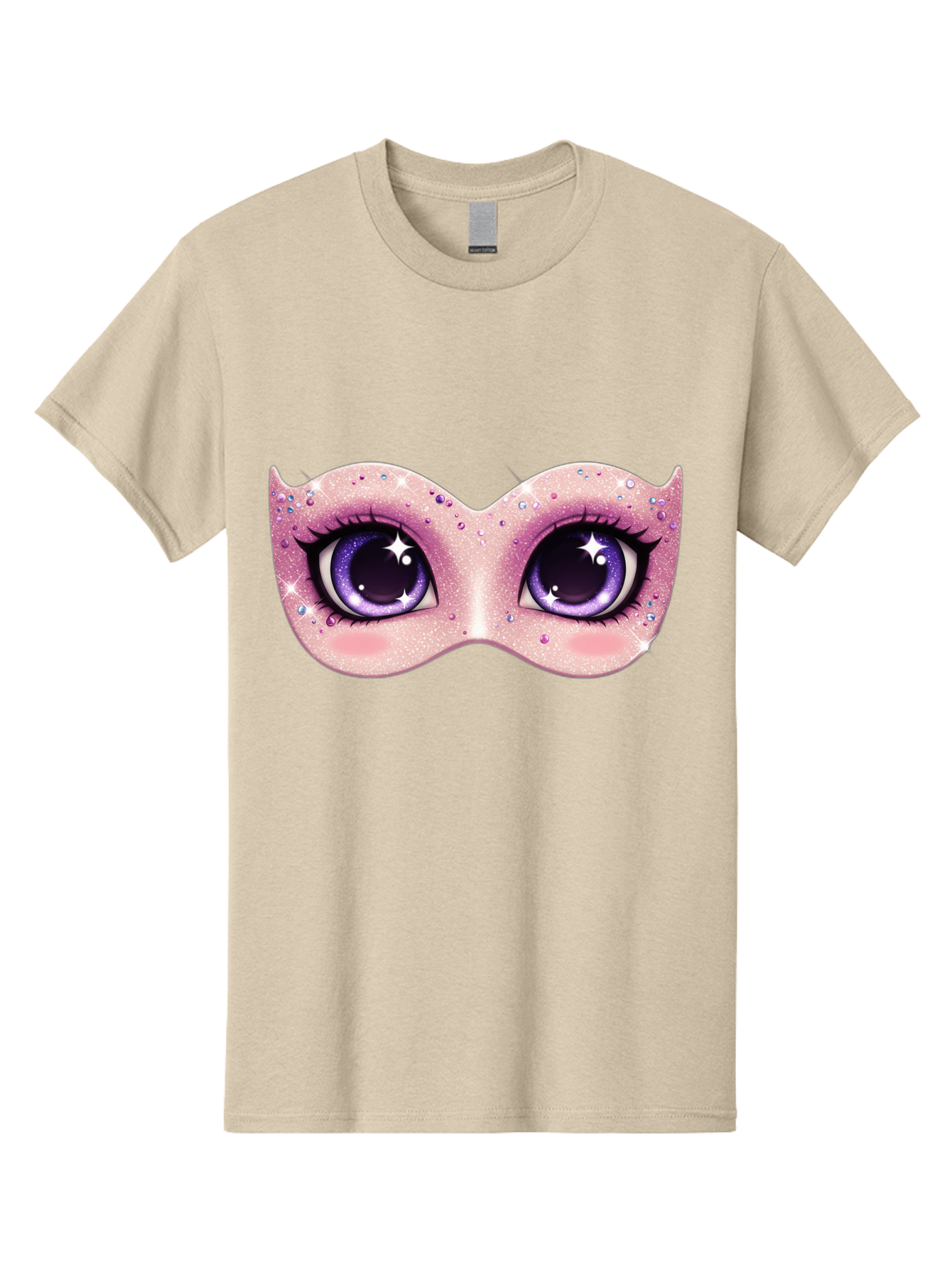 Purple-Eyes-Mask Men'S Graphic Tee, 100% Cotton, Comfortable Casual Summer Wear, Machine Washable, Cartoon Woman Eyes, Purple Eyes, Pink Mask, Rhinestones, Glamorous, Mysterious, Fashion, Beauty, Makeup, Cosmetics Bad463