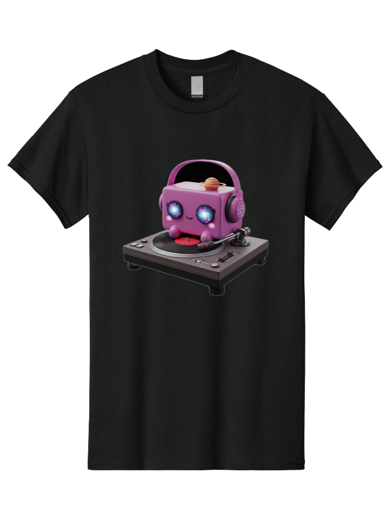 Purple-Robot Men'S Graphic Tee, 100% Cotton, Comfortable Casual Summer Wear, Machine Washable, Purple Robot, Record Player, Vinyl Records, Music Lover, Kawaii Character, Cartoon Robot, Galaxy Eyes, Planet On Head, Headphones, Music Enthusiast, Bad465