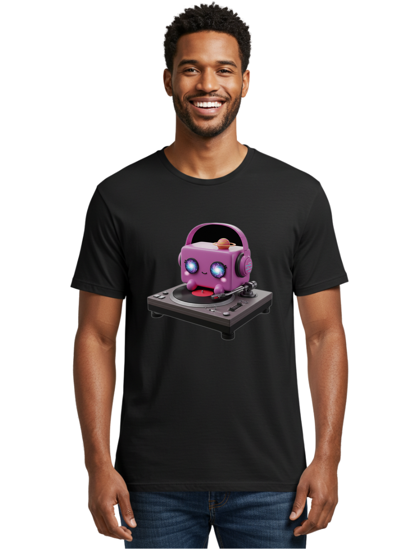 Purple-Robot Men'S Graphic Tee, 100% Cotton, Comfortable Casual Summer Wear, Machine Washable, Purple Robot, Record Player, Vinyl Records, Music Lover, Kawaii Character, Cartoon Robot, Galaxy Eyes, Planet On Head, Headphones, Music Enthusiast, Bad465