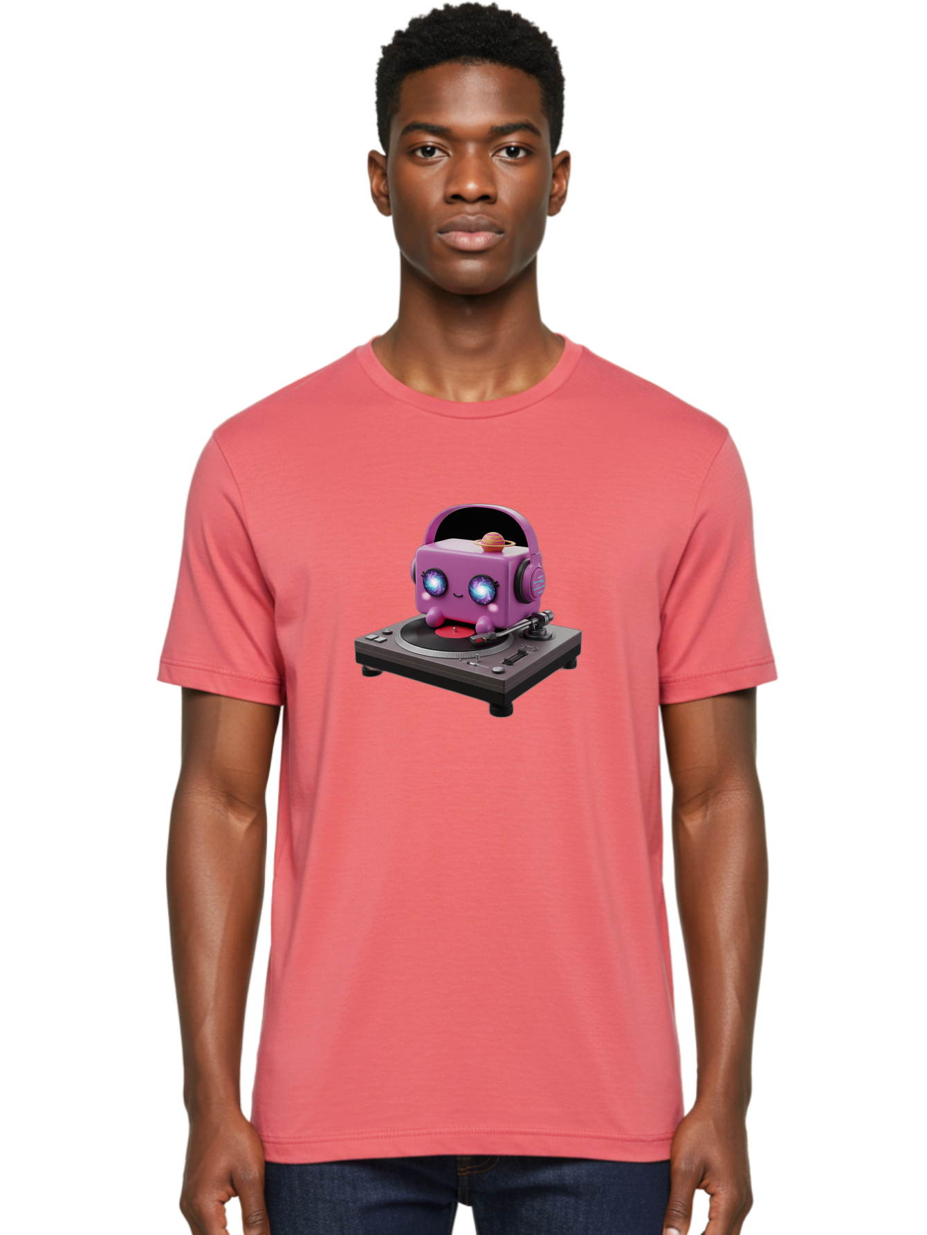 Purple-Robot Men'S Graphic Tee, 100% Cotton, Comfortable Casual Summer Wear, Machine Washable, Purple Robot, Record Player, Vinyl Records, Music Lover, Kawaii Character, Cartoon Robot, Galaxy Eyes, Planet On Head, Headphones, Music Enthusiast, Bad465