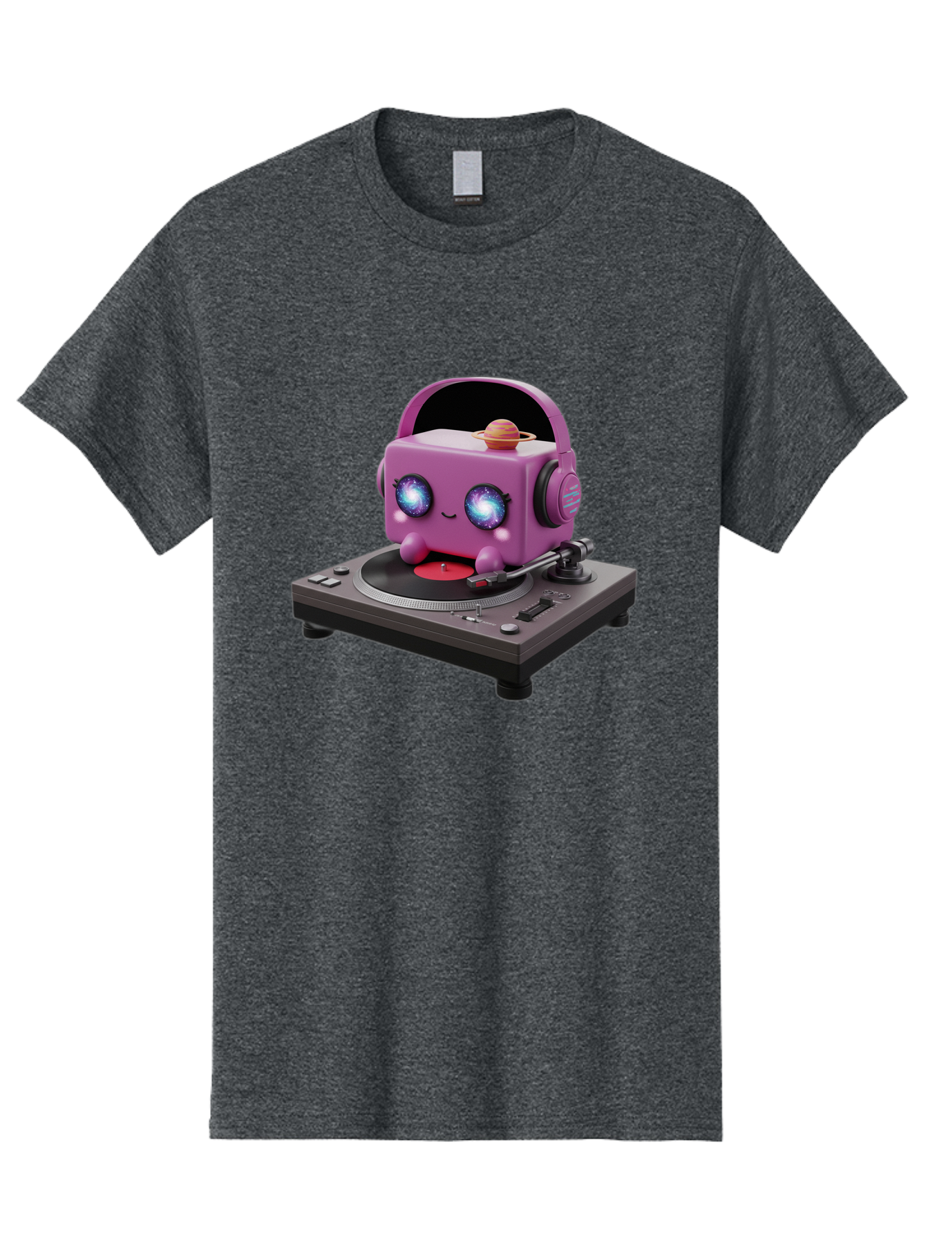Purple-Robot Men'S Graphic Tee, 100% Cotton, Comfortable Casual Summer Wear, Machine Washable, Purple Robot, Record Player, Vinyl Records, Music Lover, Kawaii Character, Cartoon Robot, Galaxy Eyes, Planet On Head, Headphones, Music Enthusiast, Bad465
