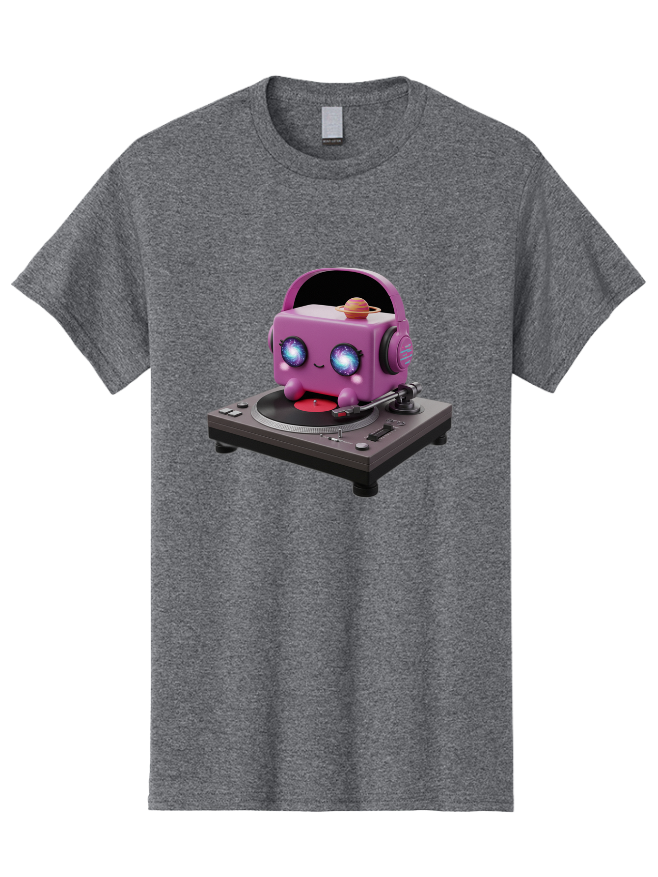 Purple-Robot Men'S Graphic Tee, 100% Cotton, Comfortable Casual Summer Wear, Machine Washable, Purple Robot, Record Player, Vinyl Records, Music Lover, Kawaii Character, Cartoon Robot, Galaxy Eyes, Planet On Head, Headphones, Music Enthusiast, Bad465