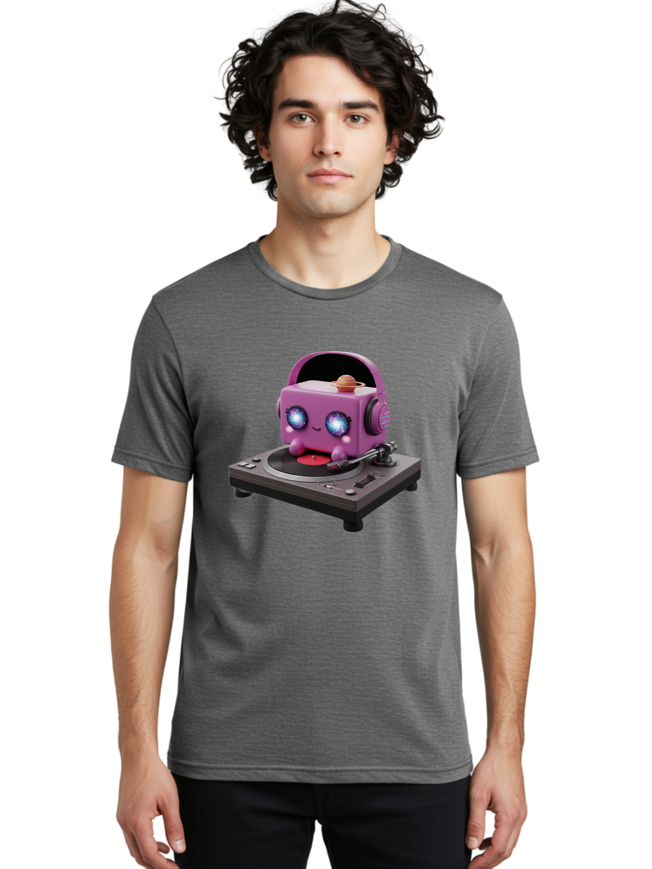Purple-Robot Men'S Graphic Tee, 100% Cotton, Comfortable Casual Summer Wear, Machine Washable, Purple Robot, Record Player, Vinyl Records, Music Lover, Kawaii Character, Cartoon Robot, Galaxy Eyes, Planet On Head, Headphones, Music Enthusiast, Bad465