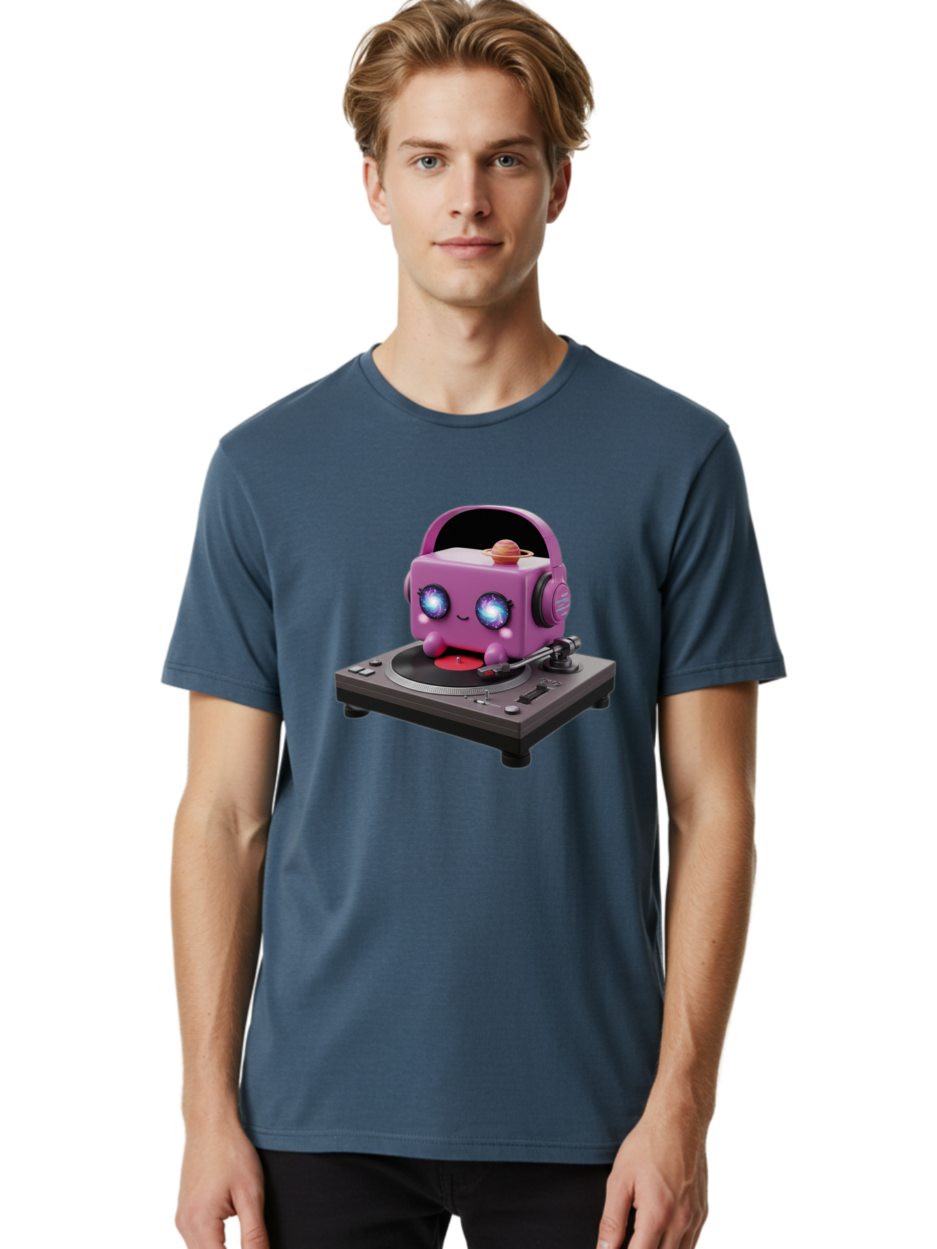 Purple-Robot Men'S Graphic Tee, 100% Cotton, Comfortable Casual Summer Wear, Machine Washable, Purple Robot, Record Player, Vinyl Records, Music Lover, Kawaii Character, Cartoon Robot, Galaxy Eyes, Planet On Head, Headphones, Music Enthusiast, Bad465