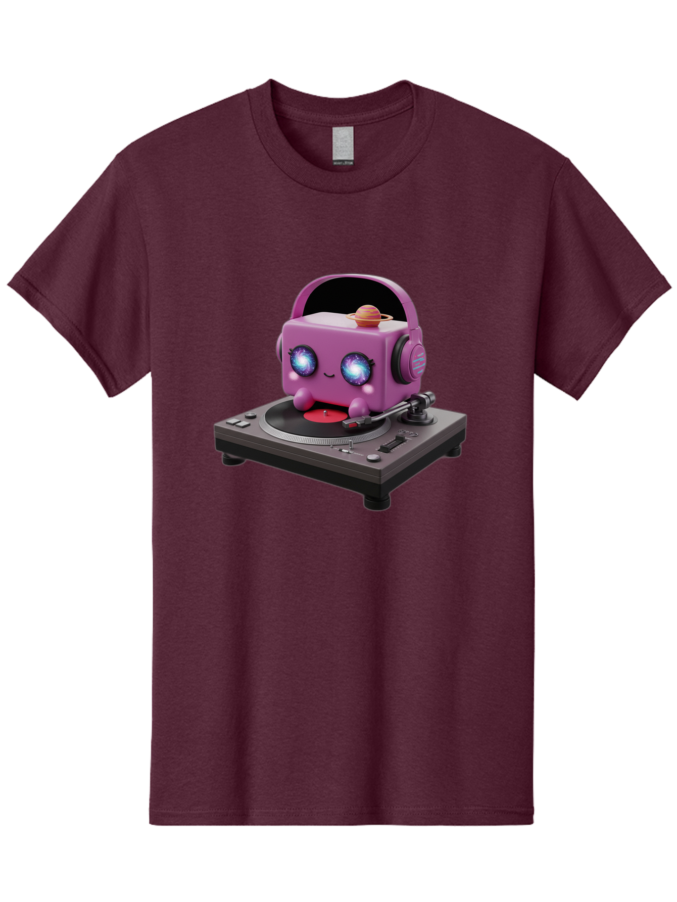 Purple-Robot Men'S Graphic Tee, 100% Cotton, Comfortable Casual Summer Wear, Machine Washable, Purple Robot, Record Player, Vinyl Records, Music Lover, Kawaii Character, Cartoon Robot, Galaxy Eyes, Planet On Head, Headphones, Music Enthusiast, Bad465