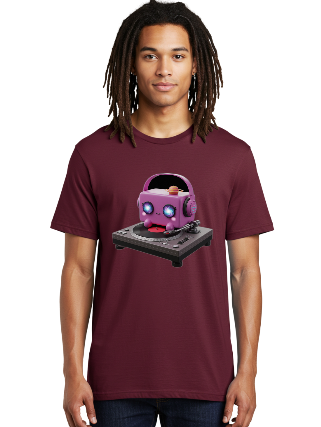 Purple-Robot Men'S Graphic Tee, 100% Cotton, Comfortable Casual Summer Wear, Machine Washable, Purple Robot, Record Player, Vinyl Records, Music Lover, Kawaii Character, Cartoon Robot, Galaxy Eyes, Planet On Head, Headphones, Music Enthusiast, Bad465