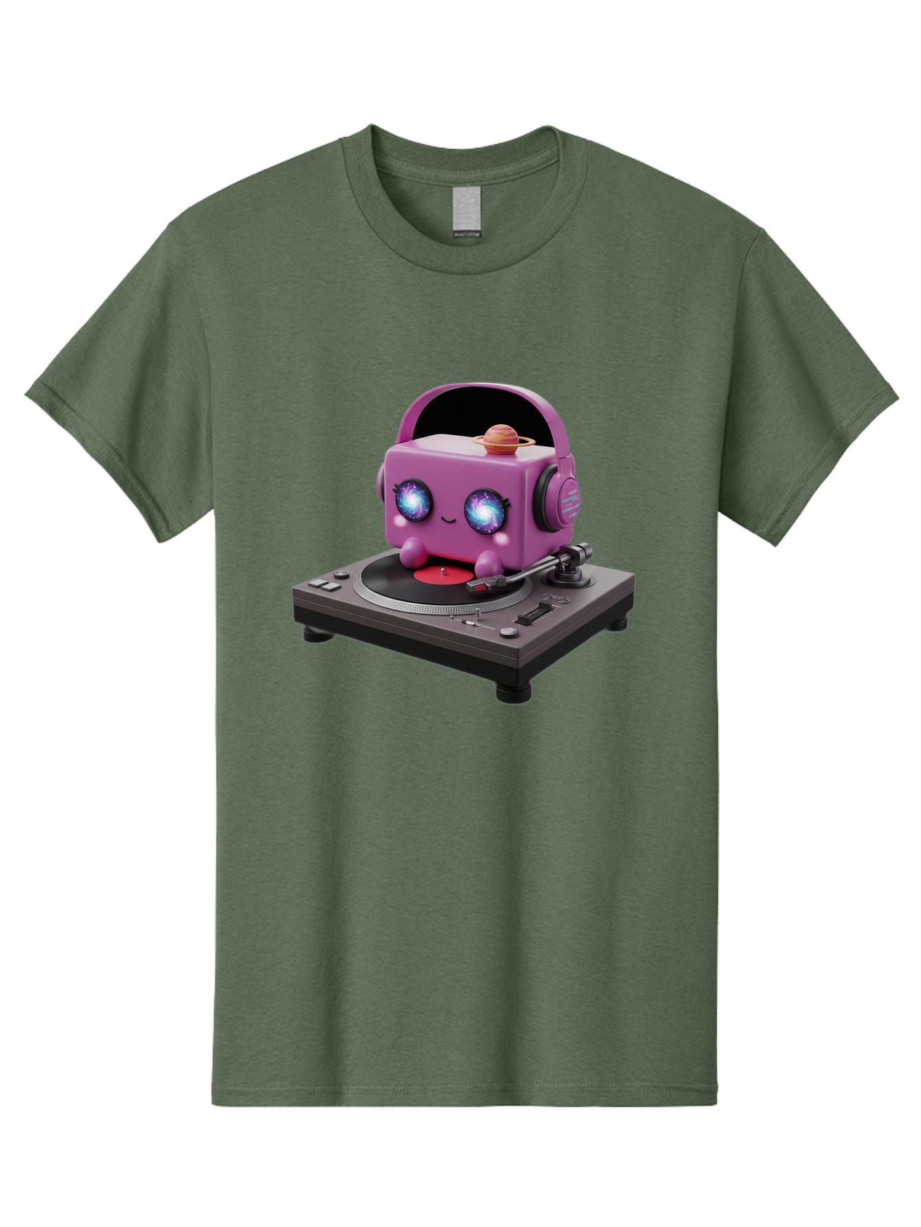Purple-Robot Men'S Graphic Tee, 100% Cotton, Comfortable Casual Summer Wear, Machine Washable, Purple Robot, Record Player, Vinyl Records, Music Lover, Kawaii Character, Cartoon Robot, Galaxy Eyes, Planet On Head, Headphones, Music Enthusiast, Bad465