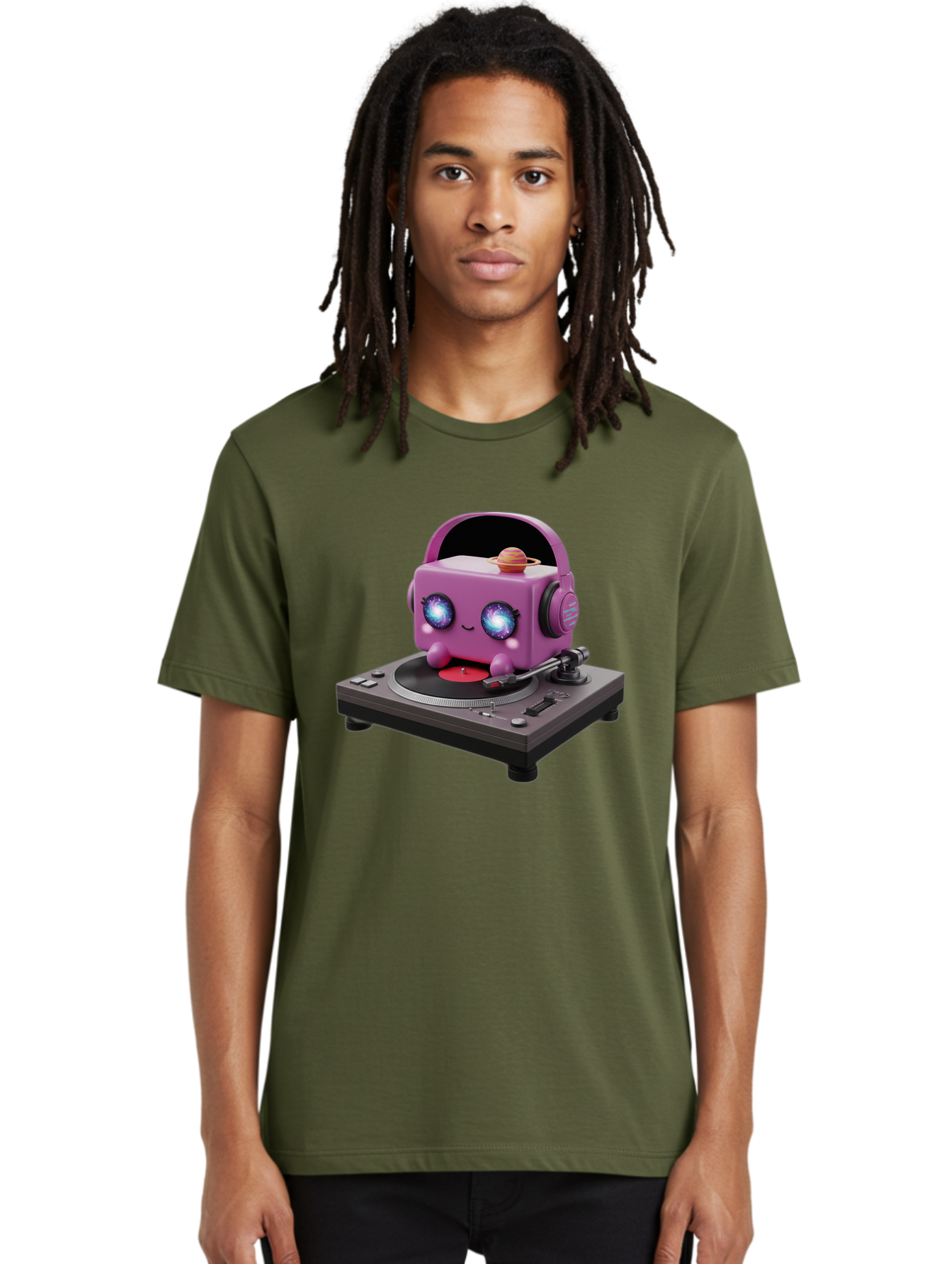 Purple-Robot Men'S Graphic Tee, 100% Cotton, Comfortable Casual Summer Wear, Machine Washable, Purple Robot, Record Player, Vinyl Records, Music Lover, Kawaii Character, Cartoon Robot, Galaxy Eyes, Planet On Head, Headphones, Music Enthusiast, Bad465