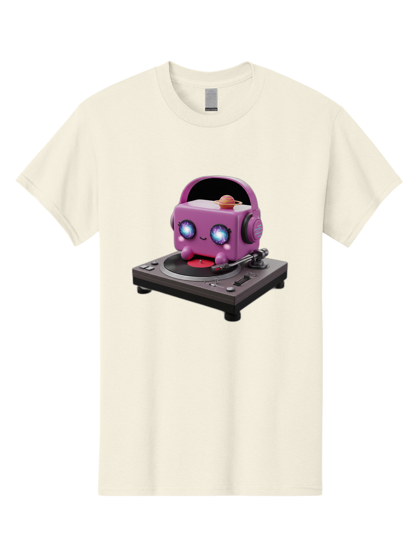 Purple-Robot Men'S Graphic Tee, 100% Cotton, Comfortable Casual Summer Wear, Machine Washable, Purple Robot, Record Player, Vinyl Records, Music Lover, Kawaii Character, Cartoon Robot, Galaxy Eyes, Planet On Head, Headphones, Music Enthusiast, Bad465