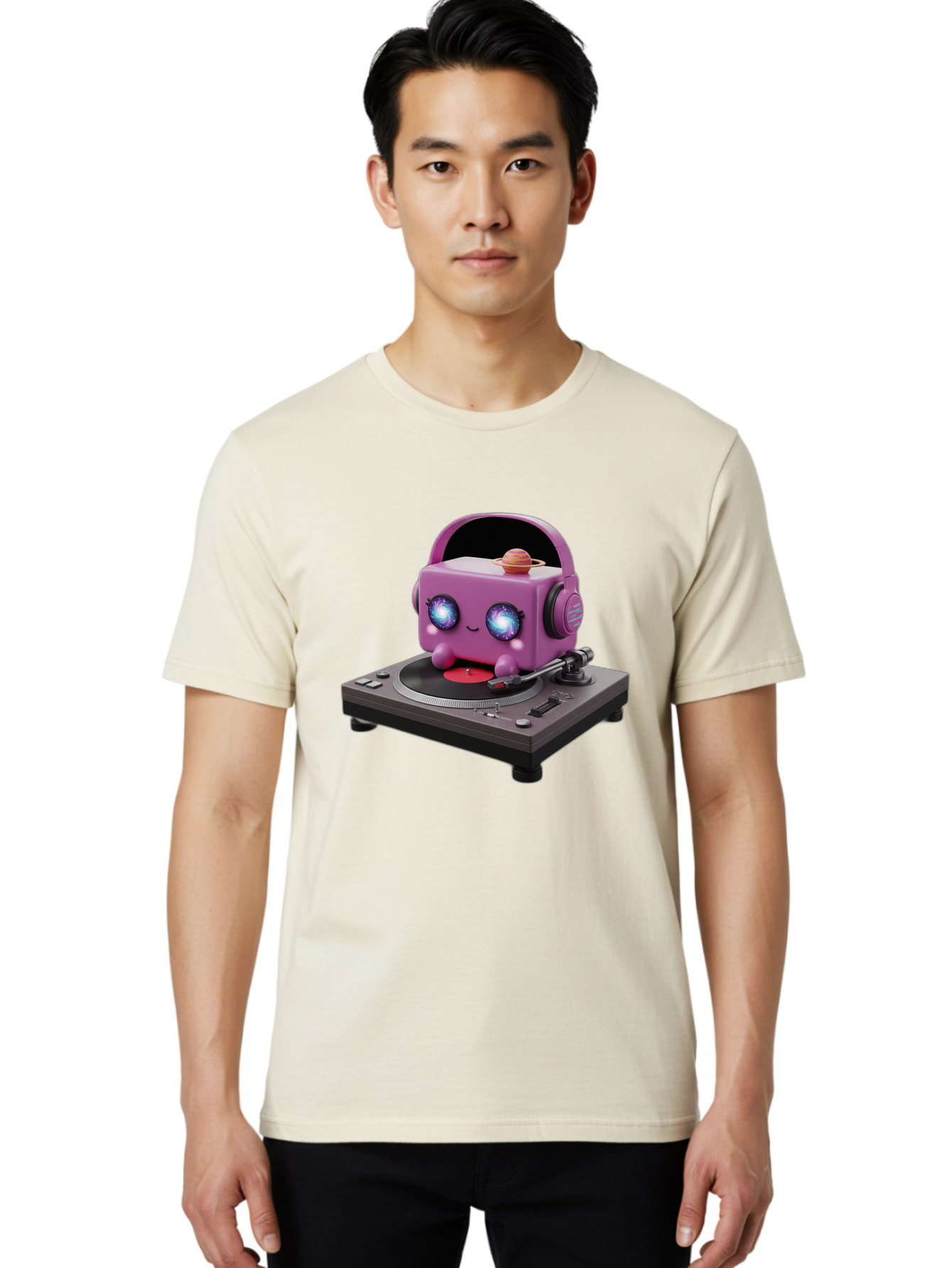 Purple-Robot Men'S Graphic Tee, 100% Cotton, Comfortable Casual Summer Wear, Machine Washable, Purple Robot, Record Player, Vinyl Records, Music Lover, Kawaii Character, Cartoon Robot, Galaxy Eyes, Planet On Head, Headphones, Music Enthusiast, Bad465