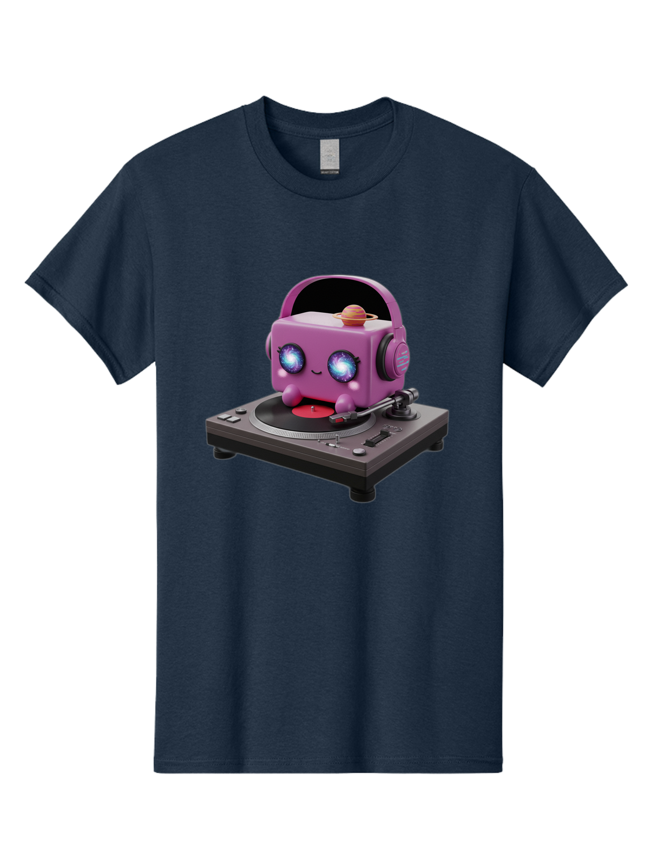 Purple-Robot Men'S Graphic Tee, 100% Cotton, Comfortable Casual Summer Wear, Machine Washable, Purple Robot, Record Player, Vinyl Records, Music Lover, Kawaii Character, Cartoon Robot, Galaxy Eyes, Planet On Head, Headphones, Music Enthusiast, Bad465