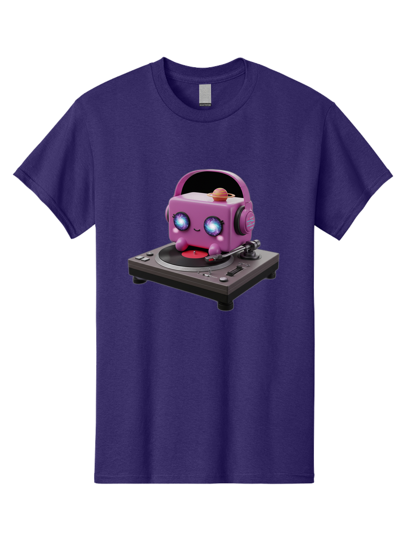 Purple-Robot Men'S Graphic Tee, 100% Cotton, Comfortable Casual Summer Wear, Machine Washable, Purple Robot, Record Player, Vinyl Records, Music Lover, Kawaii Character, Cartoon Robot, Galaxy Eyes, Planet On Head, Headphones, Music Enthusiast, Bad465