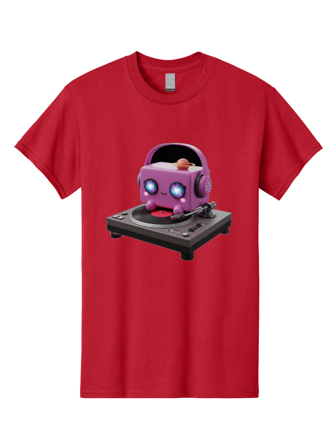 Purple-Robot Men'S Graphic Tee, 100% Cotton, Comfortable Casual Summer Wear, Machine Washable, Purple Robot, Record Player, Vinyl Records, Music Lover, Kawaii Character, Cartoon Robot, Galaxy Eyes, Planet On Head, Headphones, Music Enthusiast, Bad465