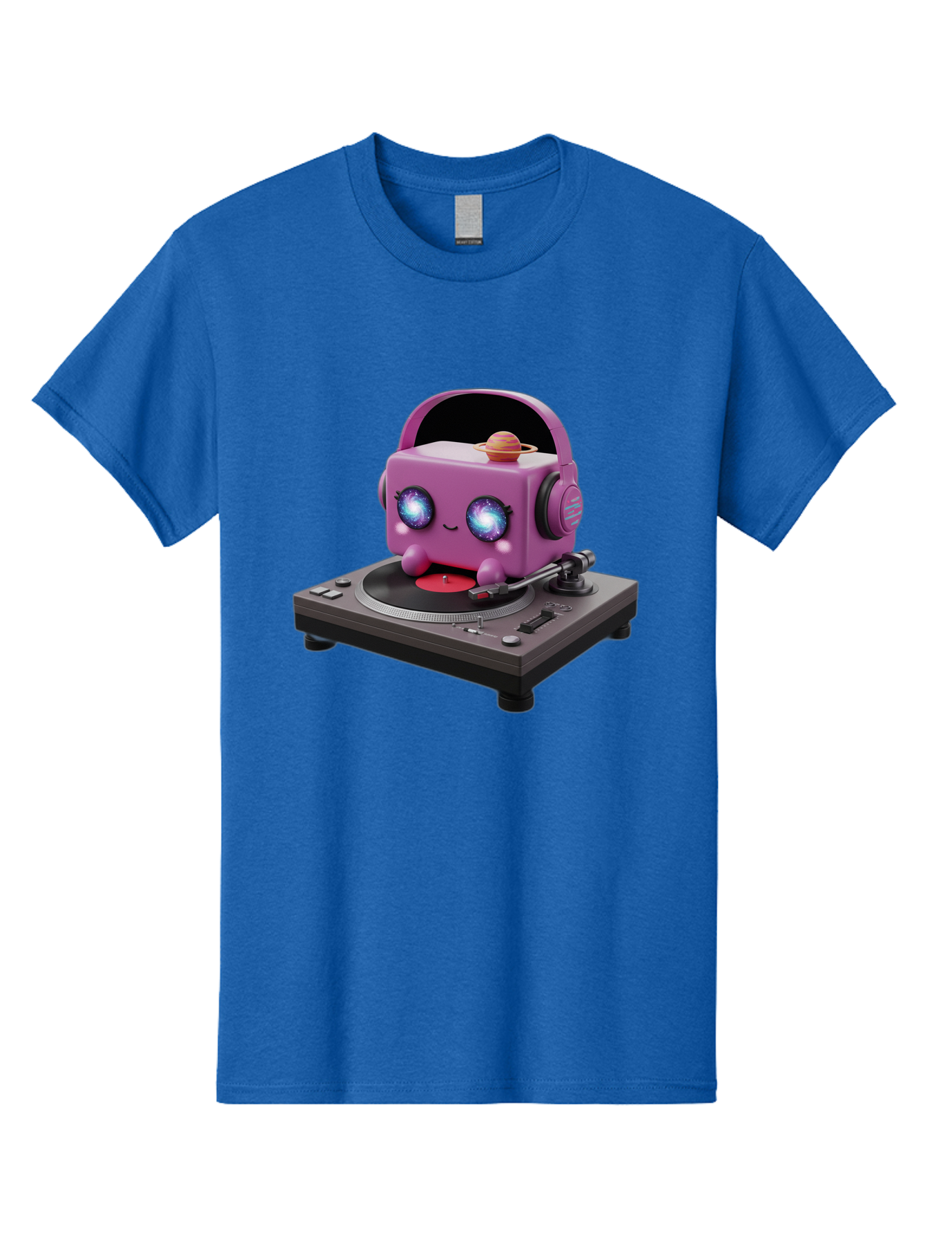 Purple-Robot Men'S Graphic Tee, 100% Cotton, Comfortable Casual Summer Wear, Machine Washable, Purple Robot, Record Player, Vinyl Records, Music Lover, Kawaii Character, Cartoon Robot, Galaxy Eyes, Planet On Head, Headphones, Music Enthusiast, Bad465