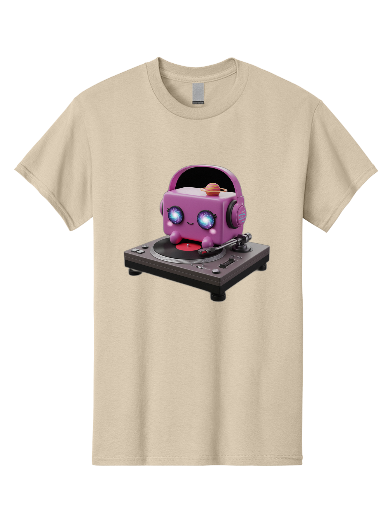 Purple-Robot Men'S Graphic Tee, 100% Cotton, Comfortable Casual Summer Wear, Machine Washable, Purple Robot, Record Player, Vinyl Records, Music Lover, Kawaii Character, Cartoon Robot, Galaxy Eyes, Planet On Head, Headphones, Music Enthusiast, Bad465