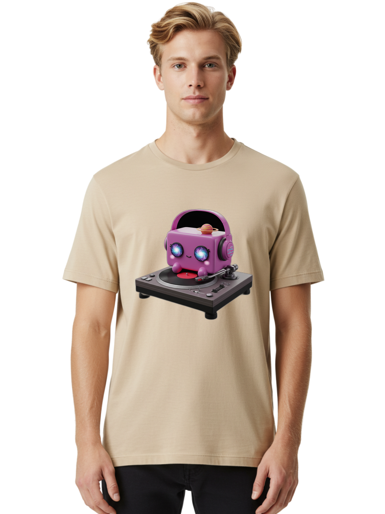 Purple-Robot Men'S Graphic Tee, 100% Cotton, Comfortable Casual Summer Wear, Machine Washable, Purple Robot, Record Player, Vinyl Records, Music Lover, Kawaii Character, Cartoon Robot, Galaxy Eyes, Planet On Head, Headphones, Music Enthusiast, Bad465