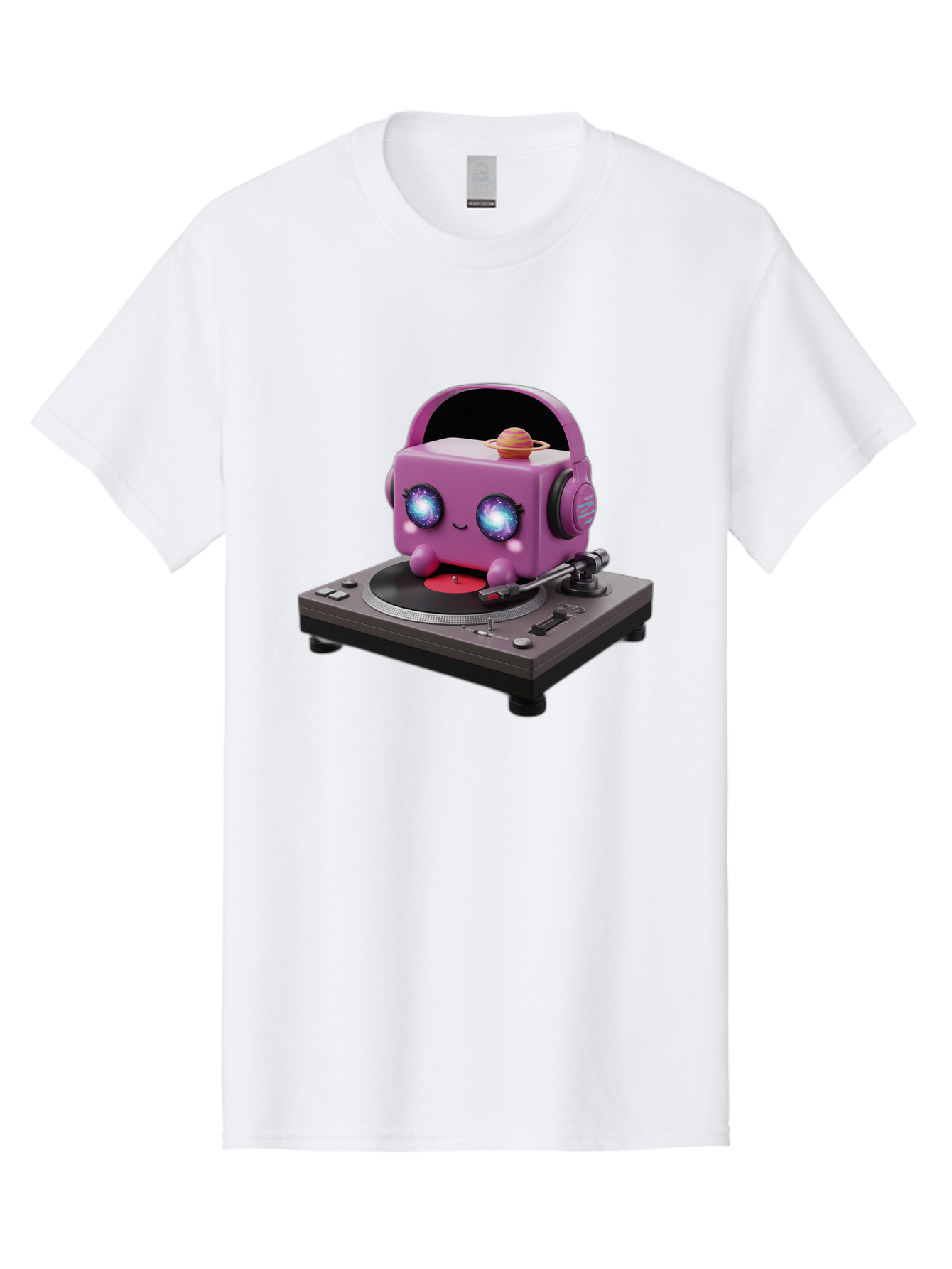 Purple-Robot Men'S Graphic Tee, 100% Cotton, Comfortable Casual Summer Wear, Machine Washable, Purple Robot, Record Player, Vinyl Records, Music Lover, Kawaii Character, Cartoon Robot, Galaxy Eyes, Planet On Head, Headphones, Music Enthusiast, Bad465