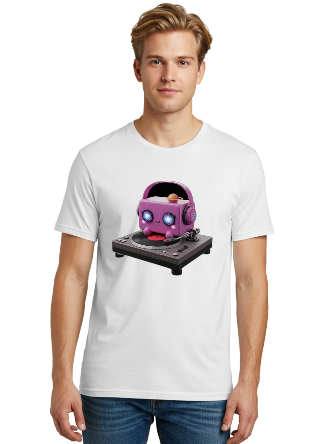 Purple-Robot Men'S Graphic Tee, 100% Cotton, Comfortable Casual Summer Wear, Machine Washable, Purple Robot, Record Player, Vinyl Records, Music Lover, Kawaii Character, Cartoon Robot, Galaxy Eyes, Planet On Head, Headphones, Music Enthusiast, Bad465