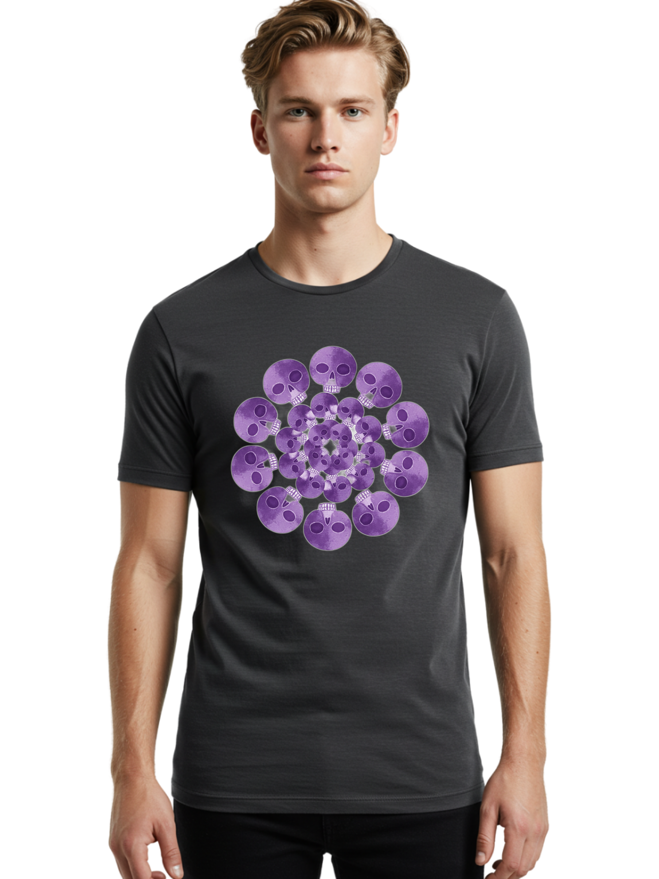 Purple-Skulls Men'S Graphic Tee, 100% Cotton, Comfortable Casual Summer Wear, Machine Washable, Cluster Of Purple Skulls, Skull Illustration, Gothic Art, Skull Design, Purple And White Colors, Skull Pattern, Dark Aesthetic, Grunge Style Bad466