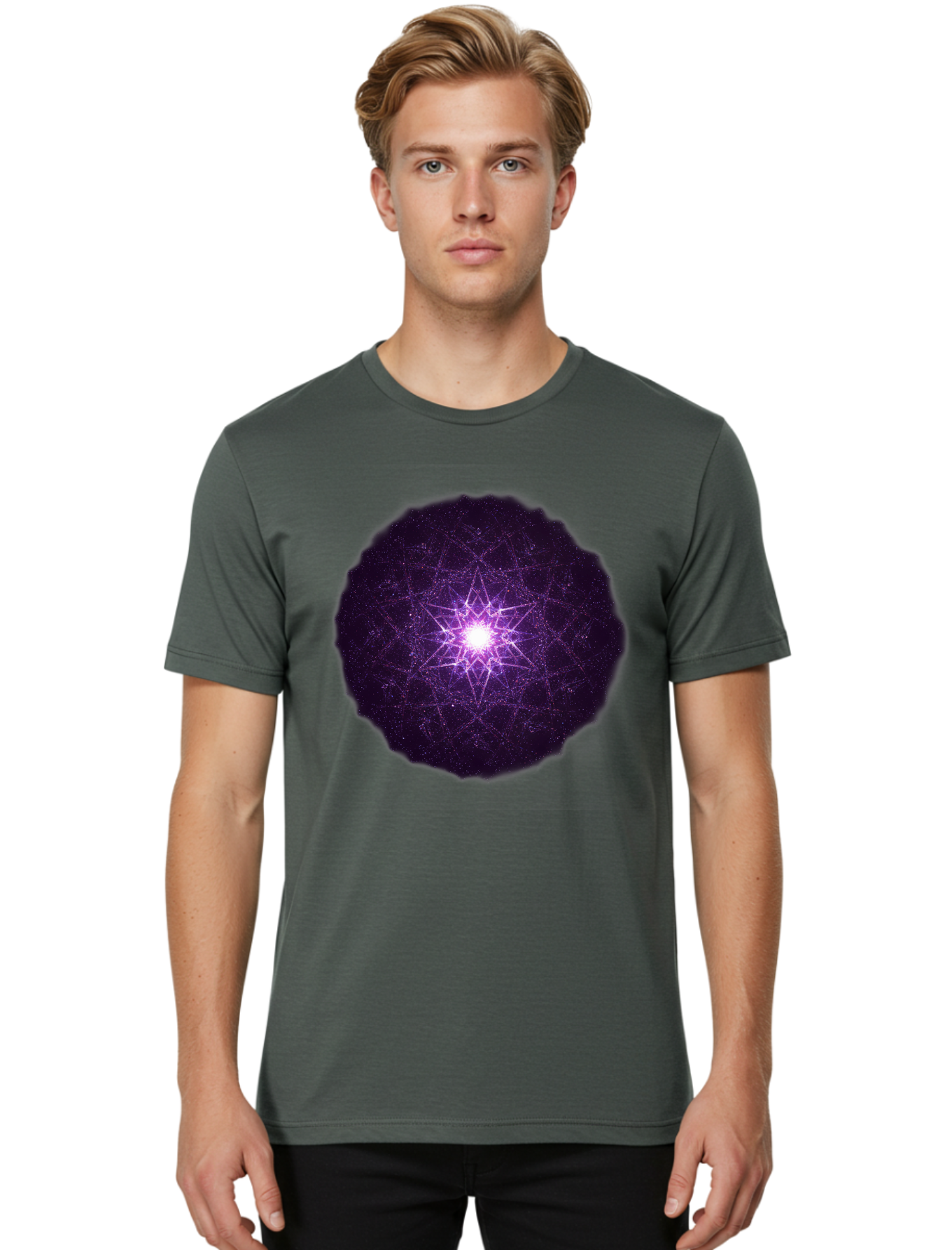 Purple-Star Men'S Graphic Tee, 100% Cotton, Comfortable Casual Summer Wear, Machine Washable, Sacred Geometry, Purple Star, Mystical Symbol, Spiritual Pattern, Geometric Shape, Celestial Body, Starburst, Mandala, Abstract Art, Cosmic Energy Bad467