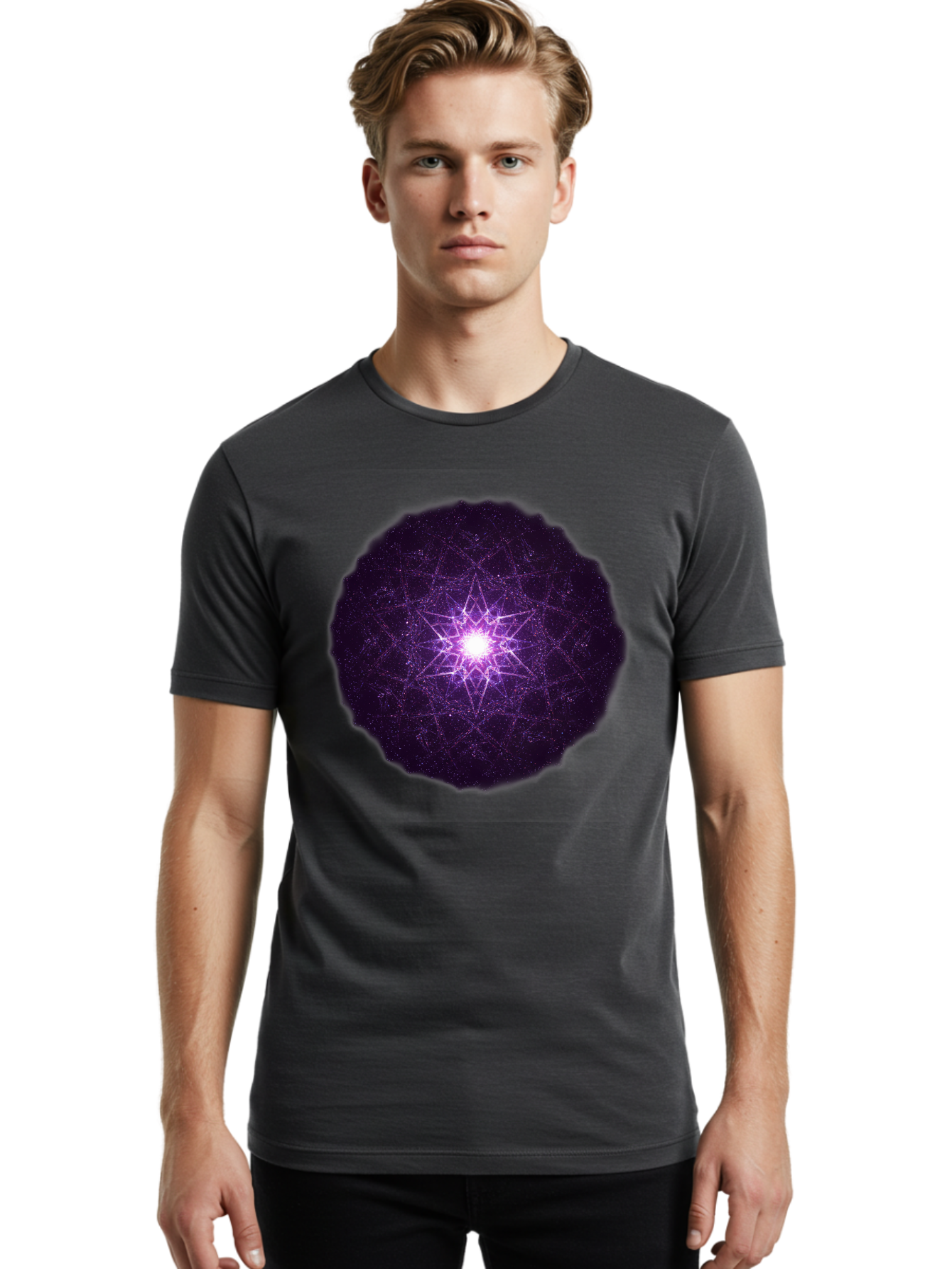 Purple-Star Men'S Graphic Tee, 100% Cotton, Comfortable Casual Summer Wear, Machine Washable, Sacred Geometry, Purple Star, Mystical Symbol, Spiritual Pattern, Geometric Shape, Celestial Body, Starburst, Mandala, Abstract Art, Cosmic Energy Bad467