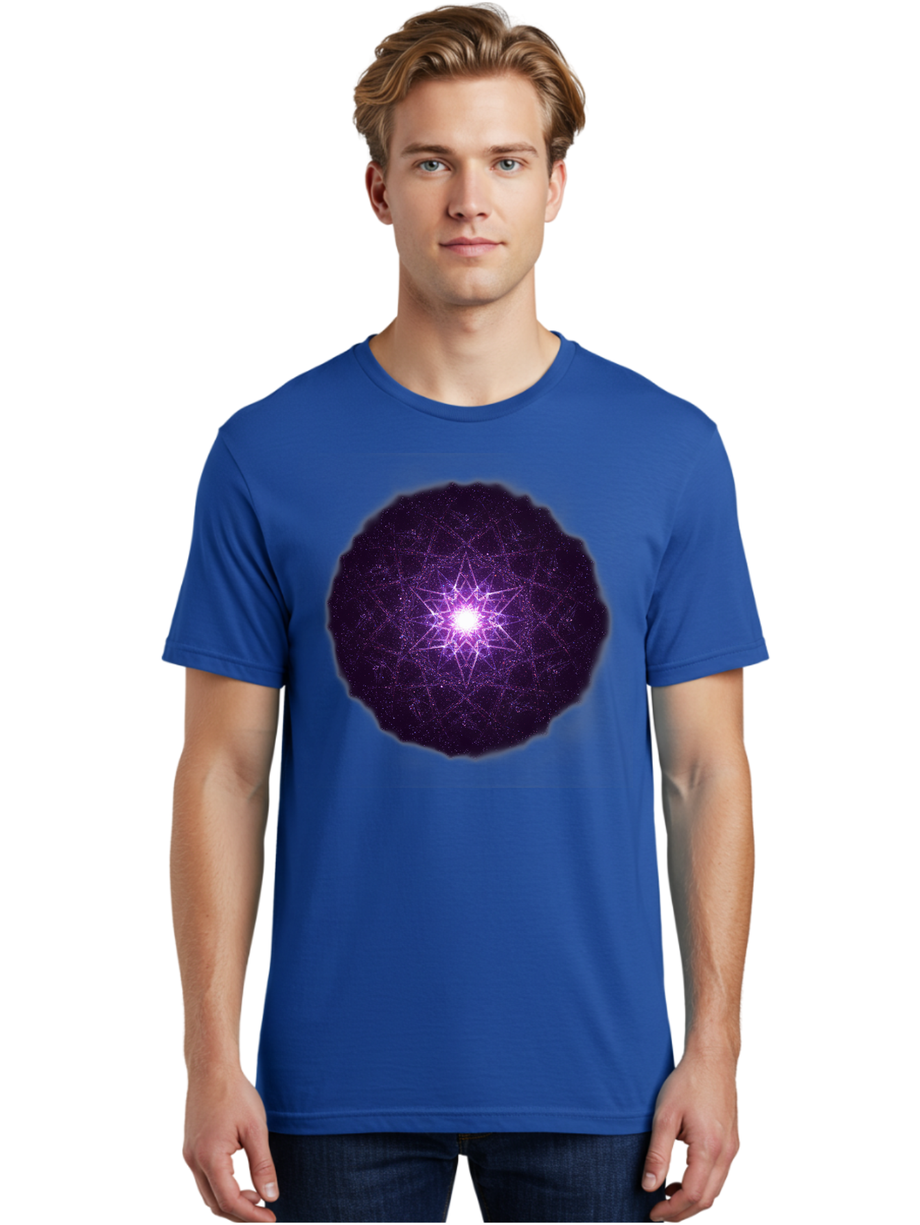 Purple-Star Men'S Graphic Tee, 100% Cotton, Comfortable Casual Summer Wear, Machine Washable, Sacred Geometry, Purple Star, Mystical Symbol, Spiritual Pattern, Geometric Shape, Celestial Body, Starburst, Mandala, Abstract Art, Cosmic Energy Bad467