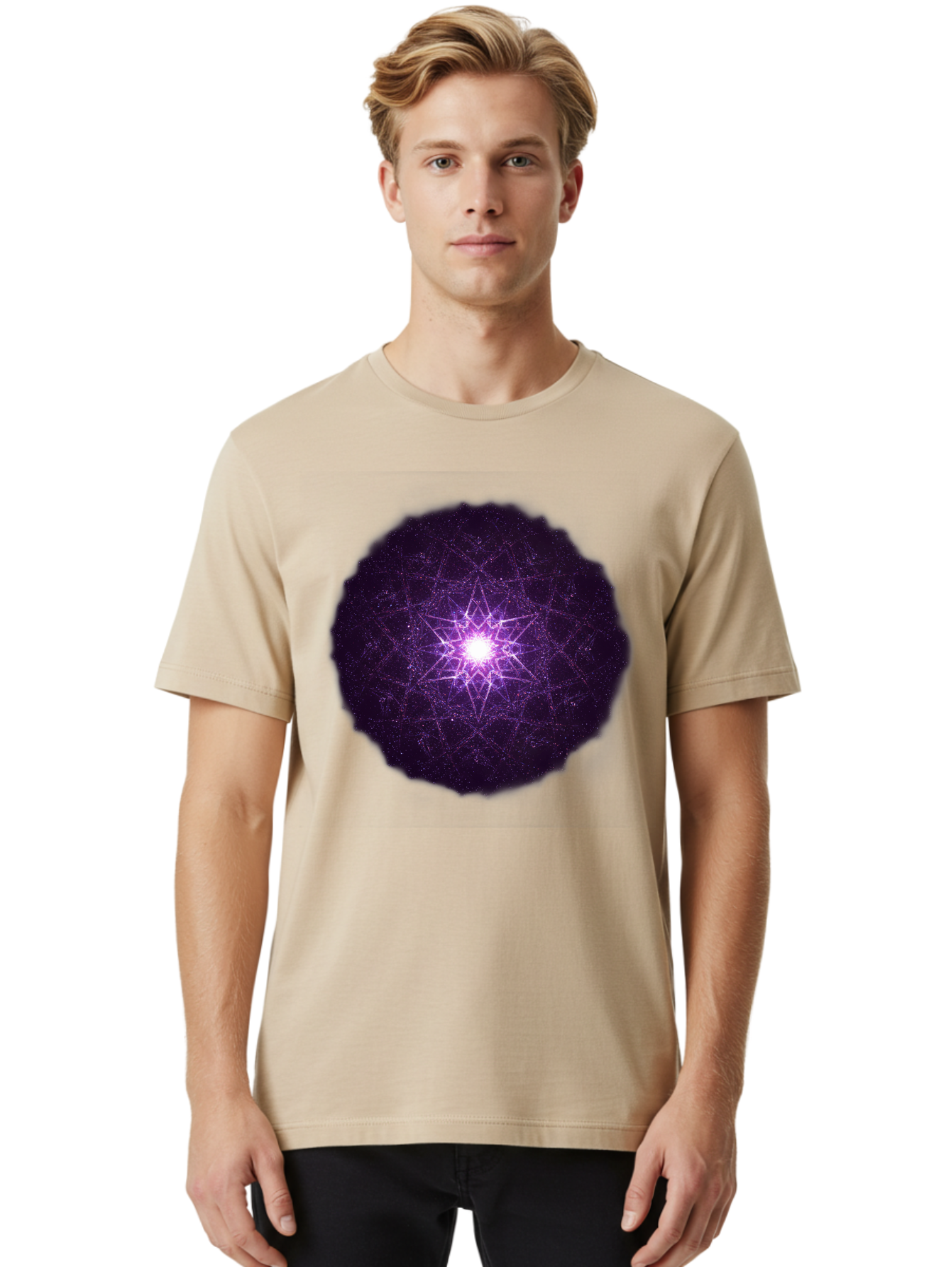 Purple-Star Men'S Graphic Tee, 100% Cotton, Comfortable Casual Summer Wear, Machine Washable, Sacred Geometry, Purple Star, Mystical Symbol, Spiritual Pattern, Geometric Shape, Celestial Body, Starburst, Mandala, Abstract Art, Cosmic Energy Bad467