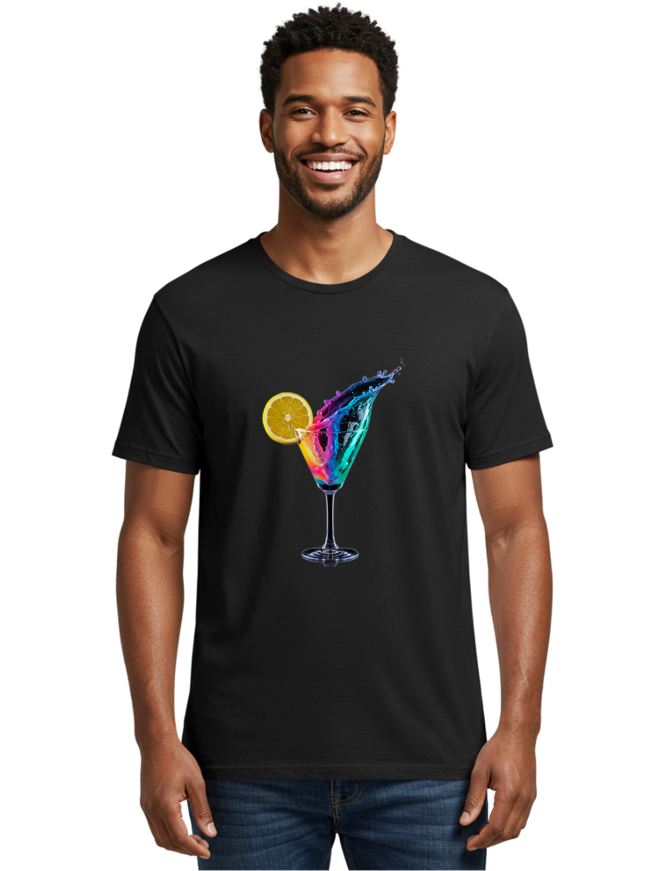 Rainbow-Cocktail Men'S Graphic Tee, 100% Cotton, Comfortable Casual Summer Wear, Machine Washable, Colorful Cocktail, Vibrant Drink, Splash Art, Orange Slice Garnish, Creative Mixology, Refreshing Beverage, Nightlife Ambiance, Party Drink Bad468