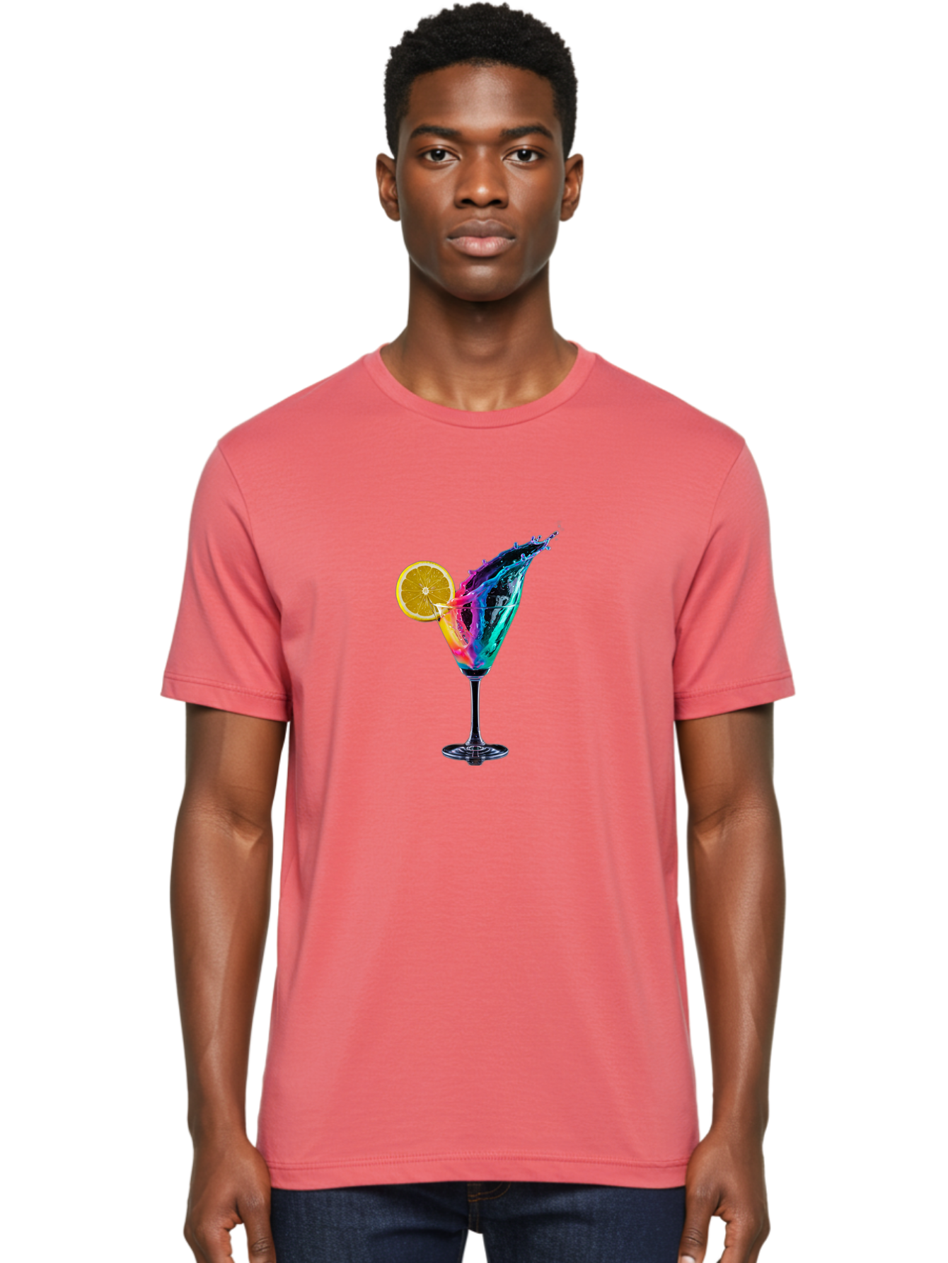 Rainbow-Cocktail Men'S Graphic Tee, 100% Cotton, Comfortable Casual Summer Wear, Machine Washable, Colorful Cocktail, Vibrant Drink, Splash Art, Orange Slice Garnish, Creative Mixology, Refreshing Beverage, Nightlife Ambiance, Party Drink Bad468