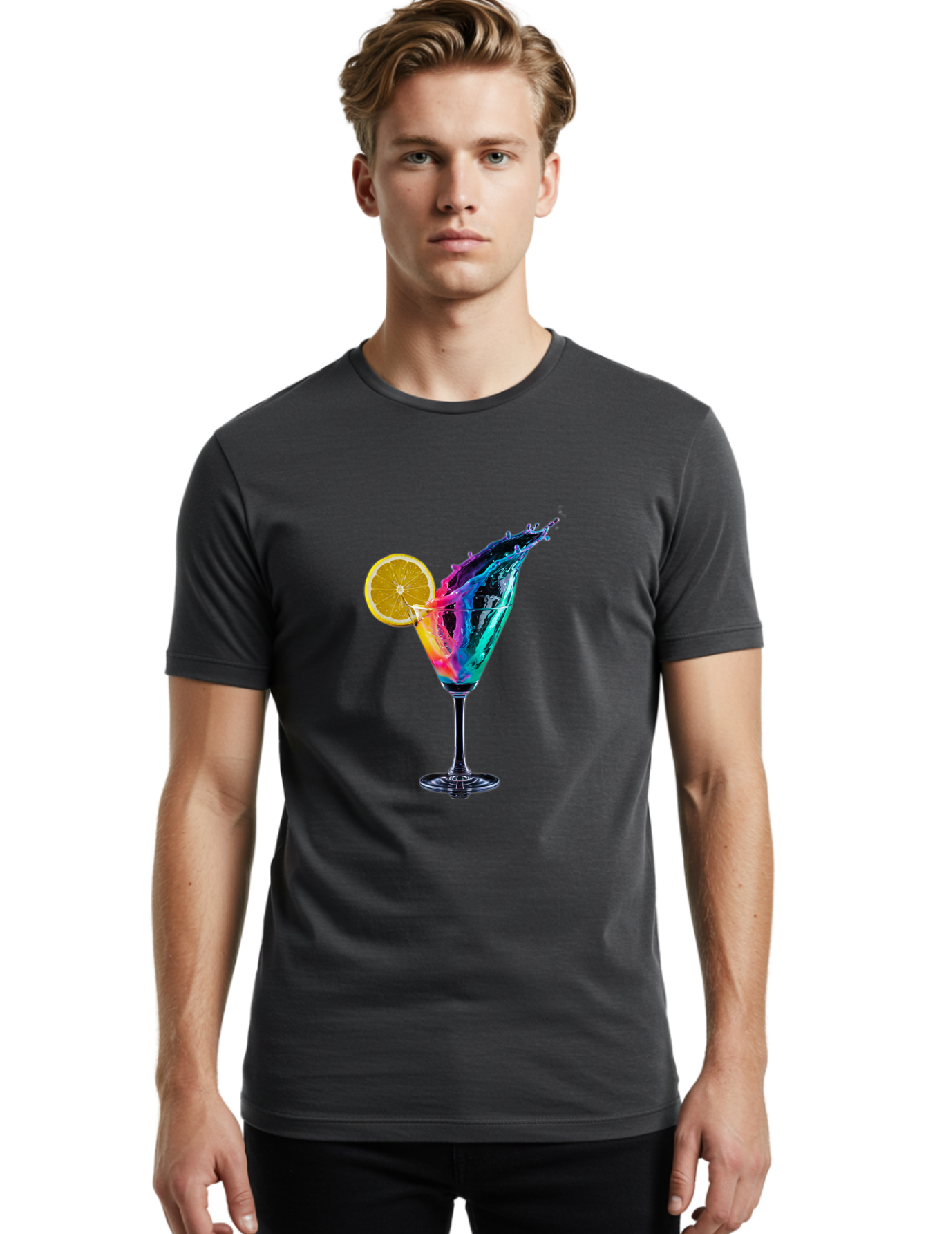 Rainbow-Cocktail Men'S Graphic Tee, 100% Cotton, Comfortable Casual Summer Wear, Machine Washable, Colorful Cocktail, Vibrant Drink, Splash Art, Orange Slice Garnish, Creative Mixology, Refreshing Beverage, Nightlife Ambiance, Party Drink Bad468