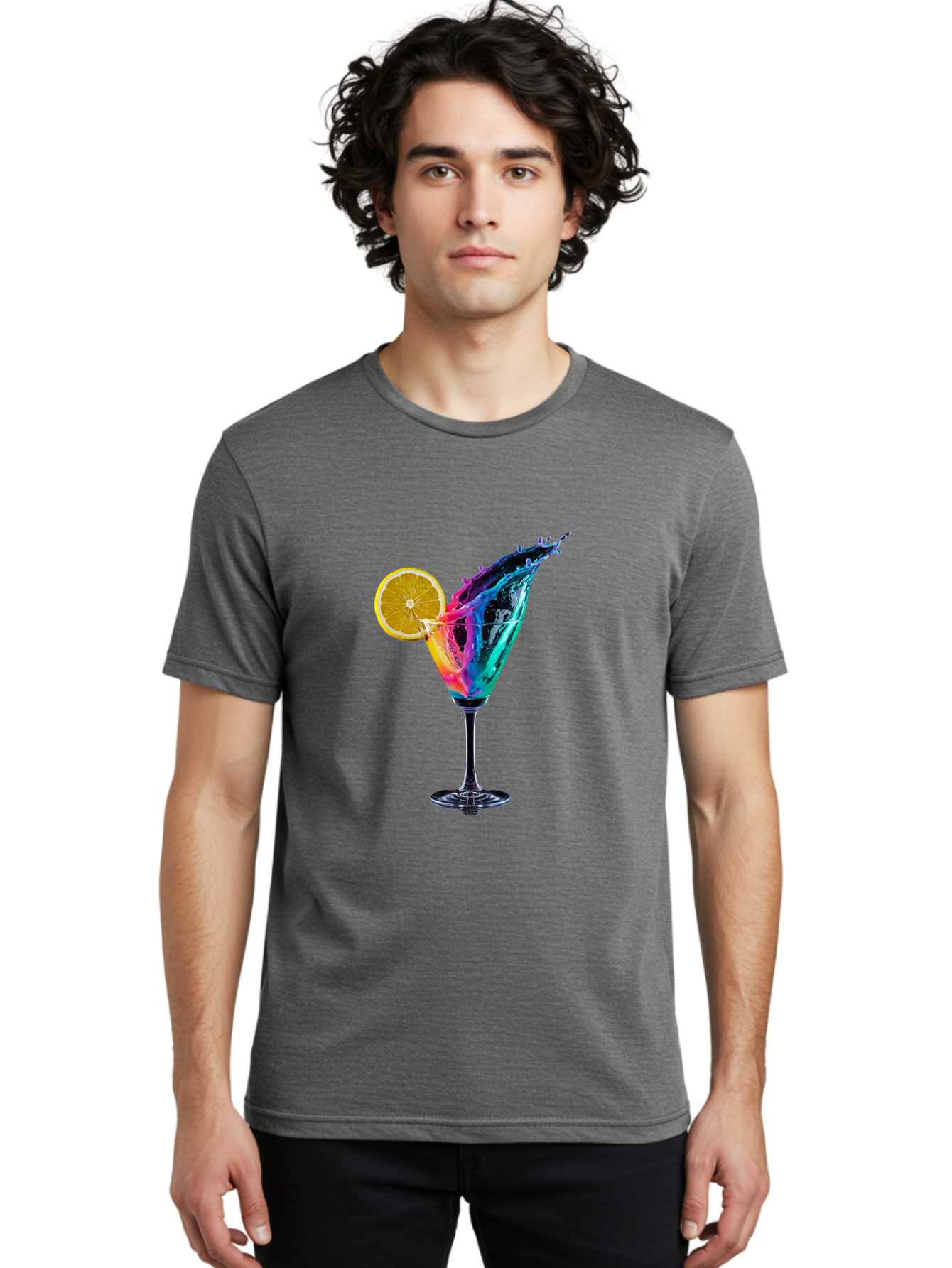 Rainbow-Cocktail Men'S Graphic Tee, 100% Cotton, Comfortable Casual Summer Wear, Machine Washable, Colorful Cocktail, Vibrant Drink, Splash Art, Orange Slice Garnish, Creative Mixology, Refreshing Beverage, Nightlife Ambiance, Party Drink Bad468
