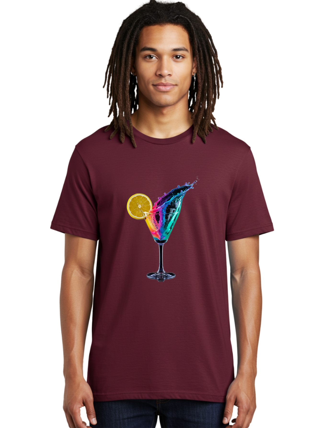 Rainbow-Cocktail Men'S Graphic Tee, 100% Cotton, Comfortable Casual Summer Wear, Machine Washable, Colorful Cocktail, Vibrant Drink, Splash Art, Orange Slice Garnish, Creative Mixology, Refreshing Beverage, Nightlife Ambiance, Party Drink Bad468