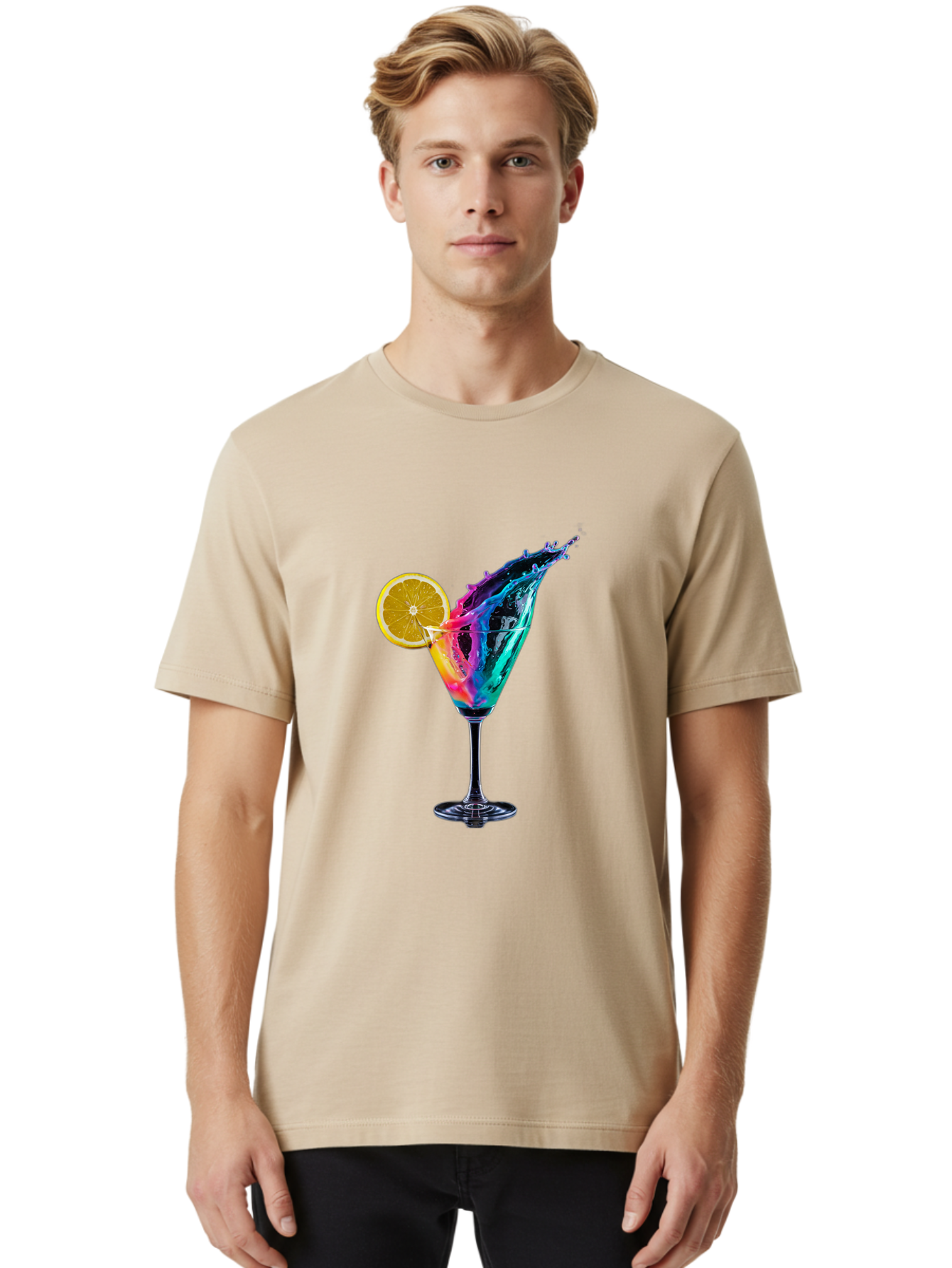 Rainbow-Cocktail Men'S Graphic Tee, 100% Cotton, Comfortable Casual Summer Wear, Machine Washable, Colorful Cocktail, Vibrant Drink, Splash Art, Orange Slice Garnish, Creative Mixology, Refreshing Beverage, Nightlife Ambiance, Party Drink Bad468