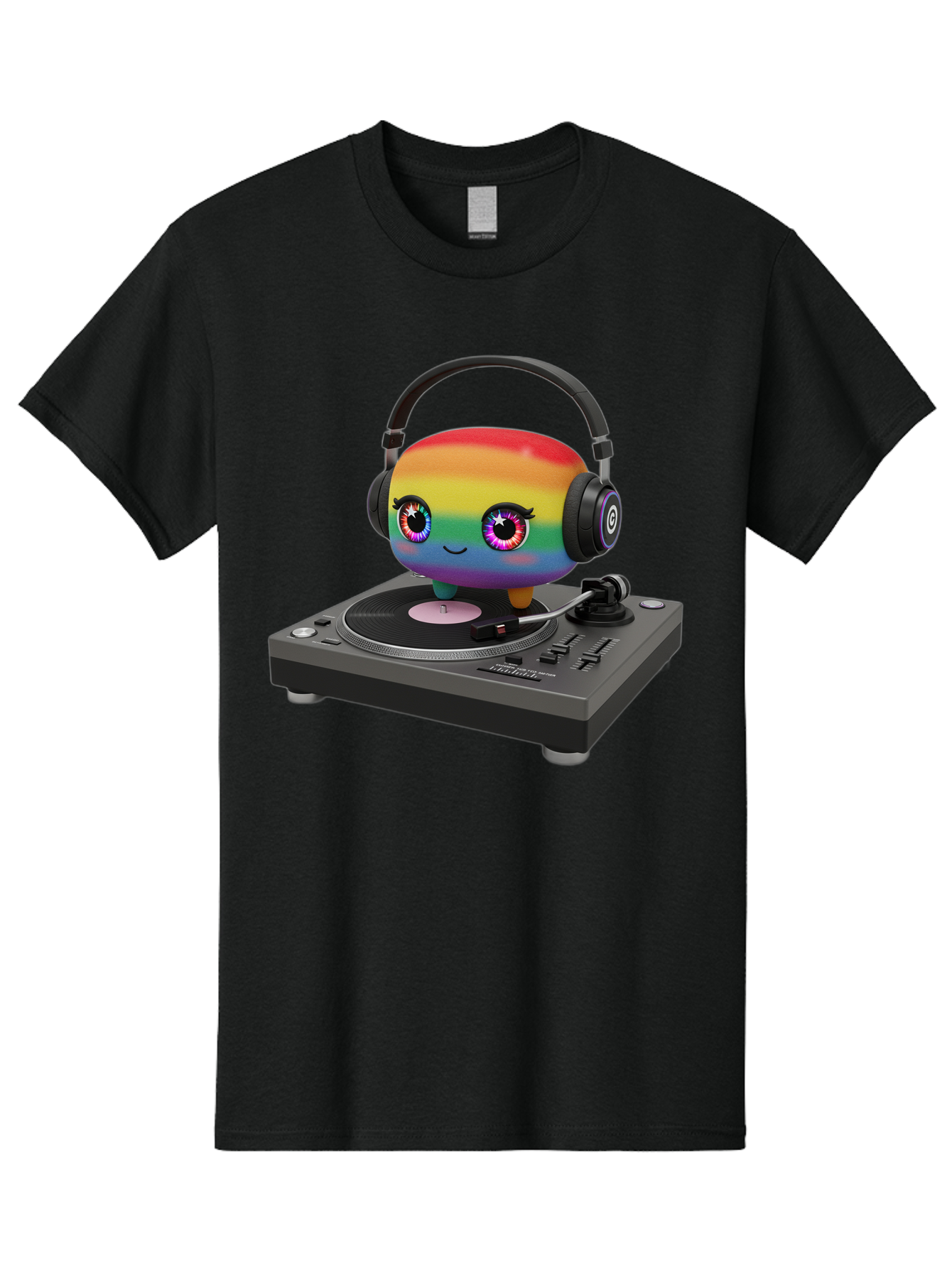 Rainbow-Kawaii-Dj Men'S Graphic Tee, 100% Cotton, Comfortable Casual Summer Wear, Machine Washable, Rainbow-Colored Emoji, Djing With Headphones, Vinyl Record Player, Music Production, Colorful Character, Playful Illustration, 3D Art, Bad469