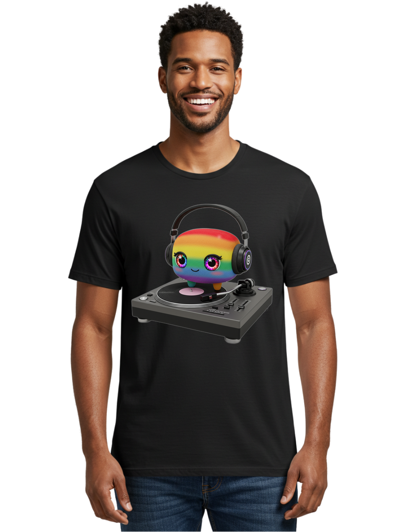 Rainbow-Kawaii-Dj Men'S Graphic Tee, 100% Cotton, Comfortable Casual Summer Wear, Machine Washable, Rainbow-Colored Emoji, Djing With Headphones, Vinyl Record Player, Music Production, Colorful Character, Playful Illustration, 3D Art, Bad469