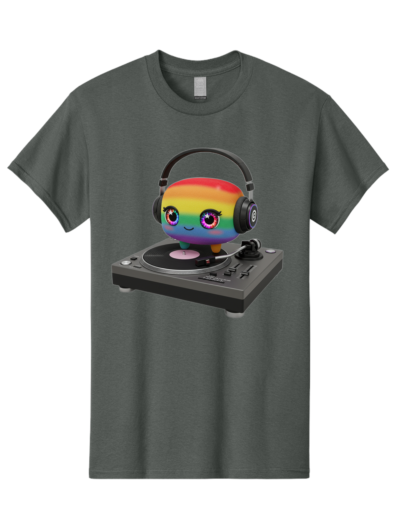 Rainbow-Kawaii-Dj Men'S Graphic Tee, 100% Cotton, Comfortable Casual Summer Wear, Machine Washable, Rainbow-Colored Emoji, Djing With Headphones, Vinyl Record Player, Music Production, Colorful Character, Playful Illustration, 3D Art, Bad469
