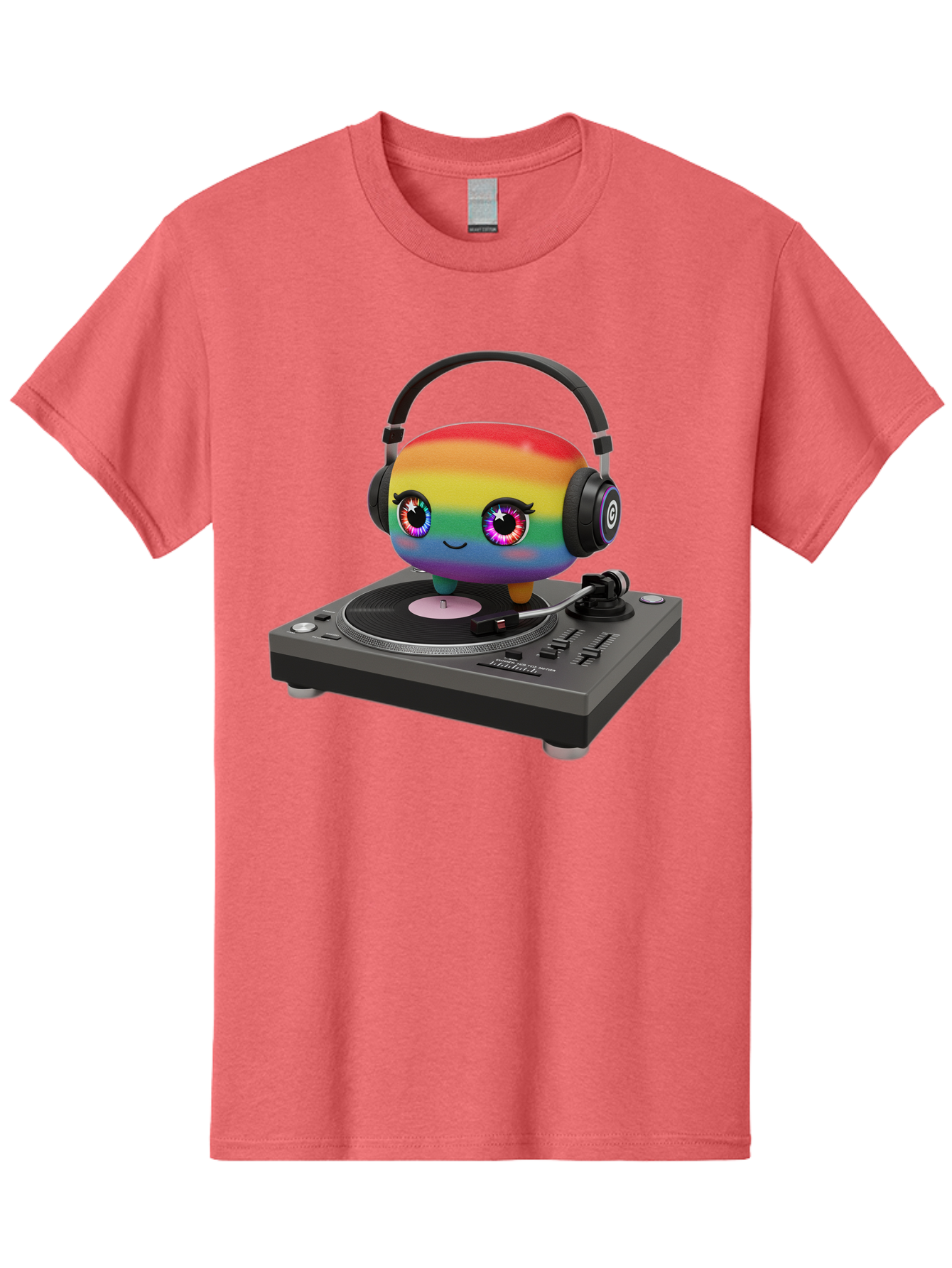 Rainbow-Kawaii-Dj Men'S Graphic Tee, 100% Cotton, Comfortable Casual Summer Wear, Machine Washable, Rainbow-Colored Emoji, Djing With Headphones, Vinyl Record Player, Music Production, Colorful Character, Playful Illustration, 3D Art, Bad469