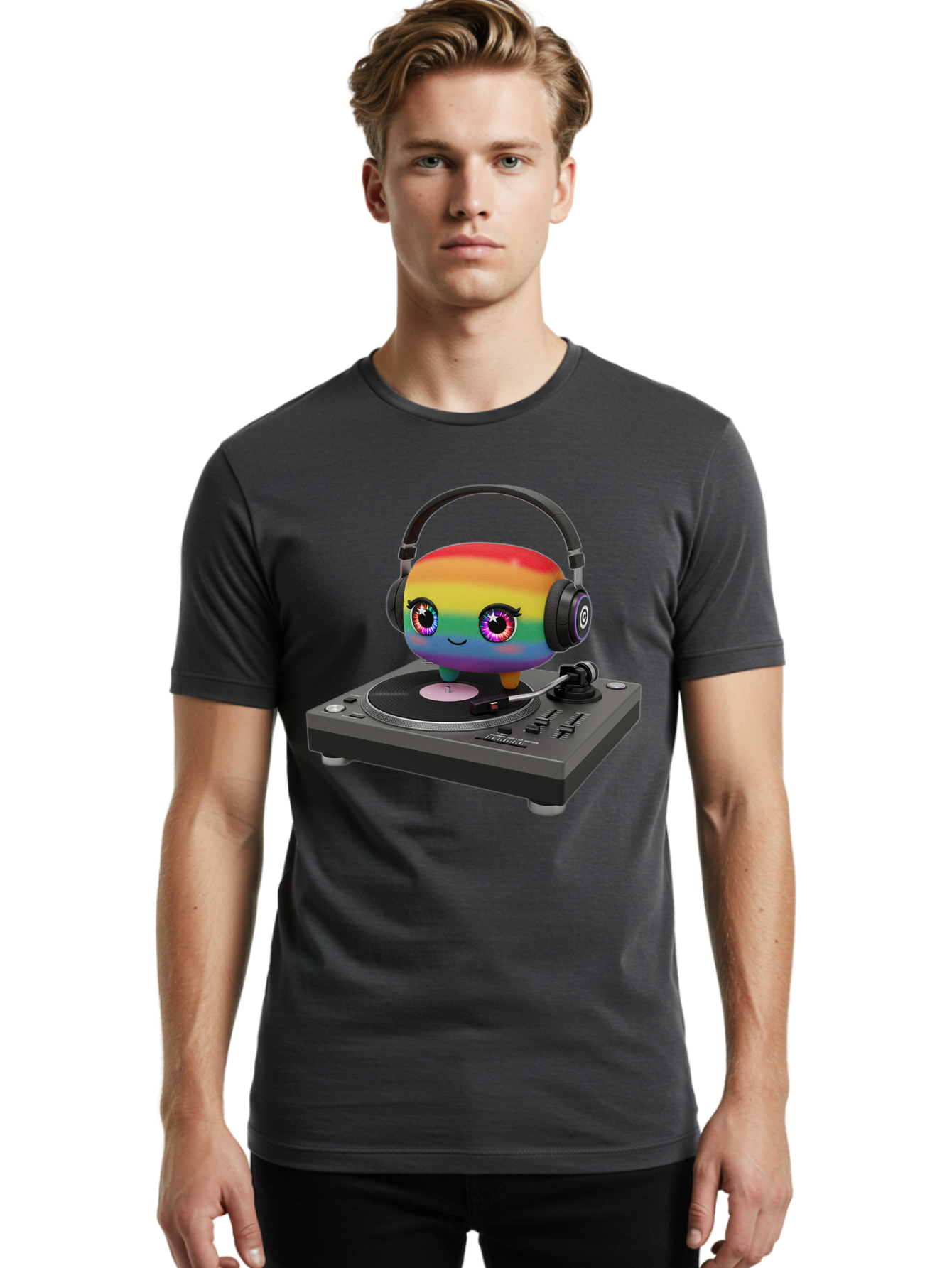 Rainbow-Kawaii-Dj Men'S Graphic Tee, 100% Cotton, Comfortable Casual Summer Wear, Machine Washable, Rainbow-Colored Emoji, Djing With Headphones, Vinyl Record Player, Music Production, Colorful Character, Playful Illustration, 3D Art, Bad469