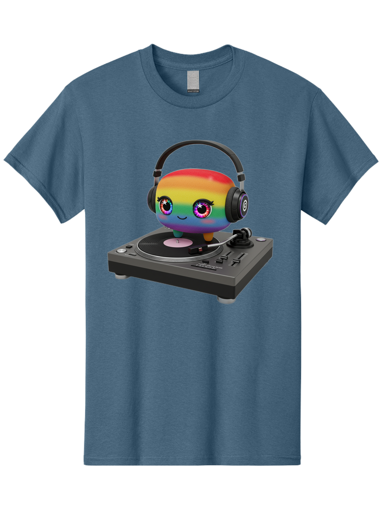 Rainbow-Kawaii-Dj Men'S Graphic Tee, 100% Cotton, Comfortable Casual Summer Wear, Machine Washable, Rainbow-Colored Emoji, Djing With Headphones, Vinyl Record Player, Music Production, Colorful Character, Playful Illustration, 3D Art, Bad469