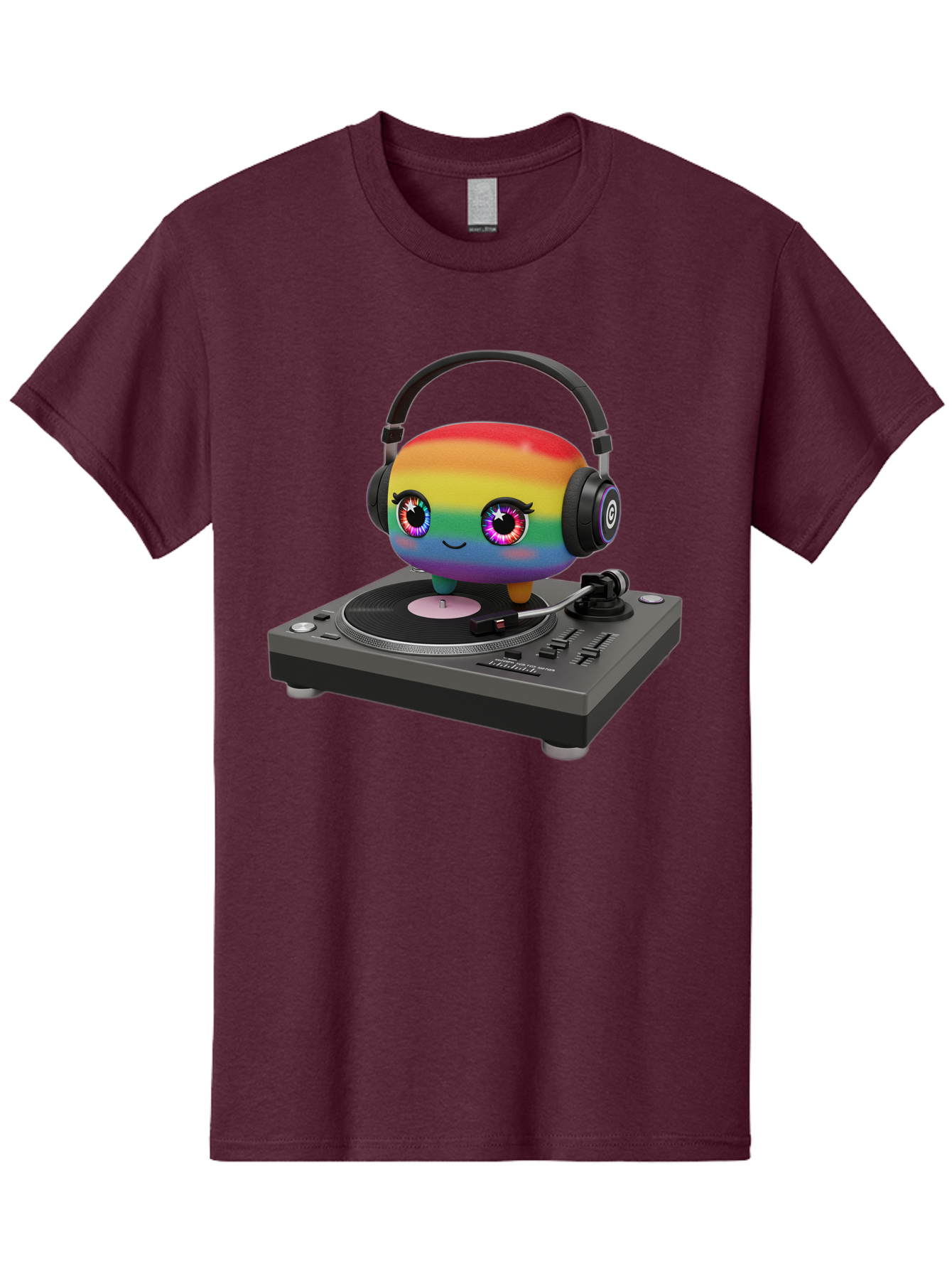 Rainbow-Kawaii-Dj Men'S Graphic Tee, 100% Cotton, Comfortable Casual Summer Wear, Machine Washable, Rainbow-Colored Emoji, Djing With Headphones, Vinyl Record Player, Music Production, Colorful Character, Playful Illustration, 3D Art, Bad469