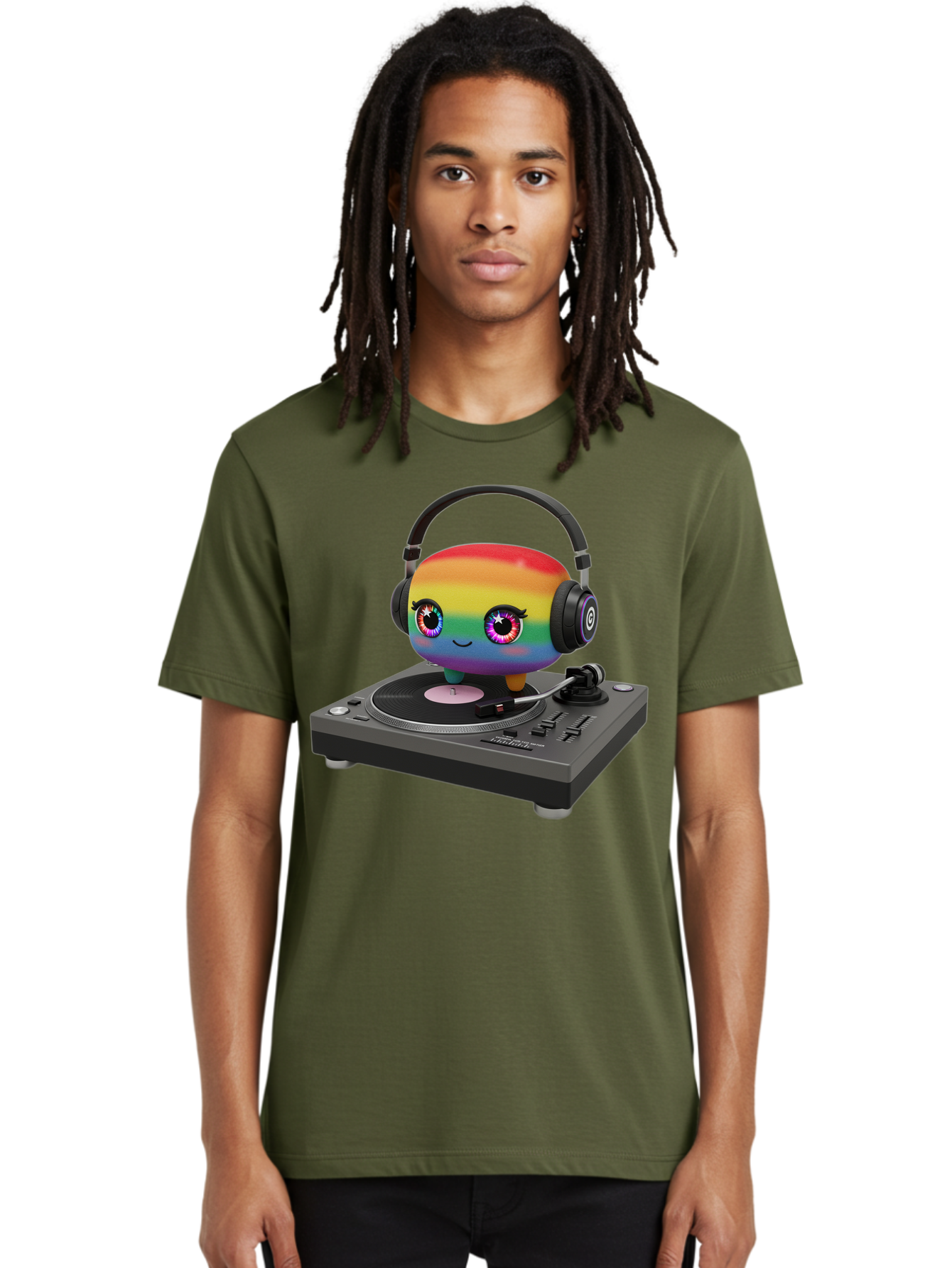 Rainbow-Kawaii-Dj Men'S Graphic Tee, 100% Cotton, Comfortable Casual Summer Wear, Machine Washable, Rainbow-Colored Emoji, Djing With Headphones, Vinyl Record Player, Music Production, Colorful Character, Playful Illustration, 3D Art, Bad469