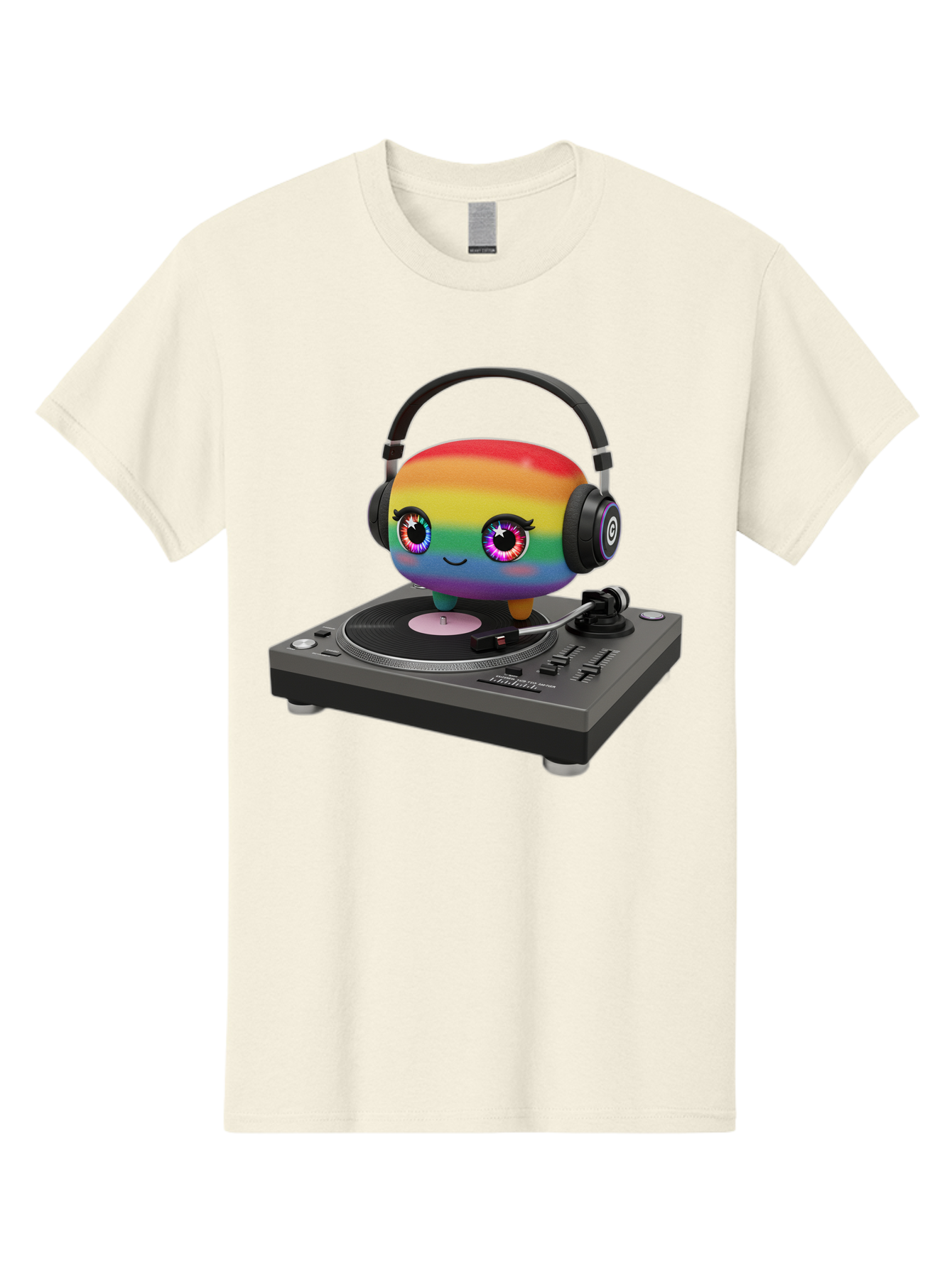Rainbow-Kawaii-Dj Men'S Graphic Tee, 100% Cotton, Comfortable Casual Summer Wear, Machine Washable, Rainbow-Colored Emoji, Djing With Headphones, Vinyl Record Player, Music Production, Colorful Character, Playful Illustration, 3D Art, Bad469