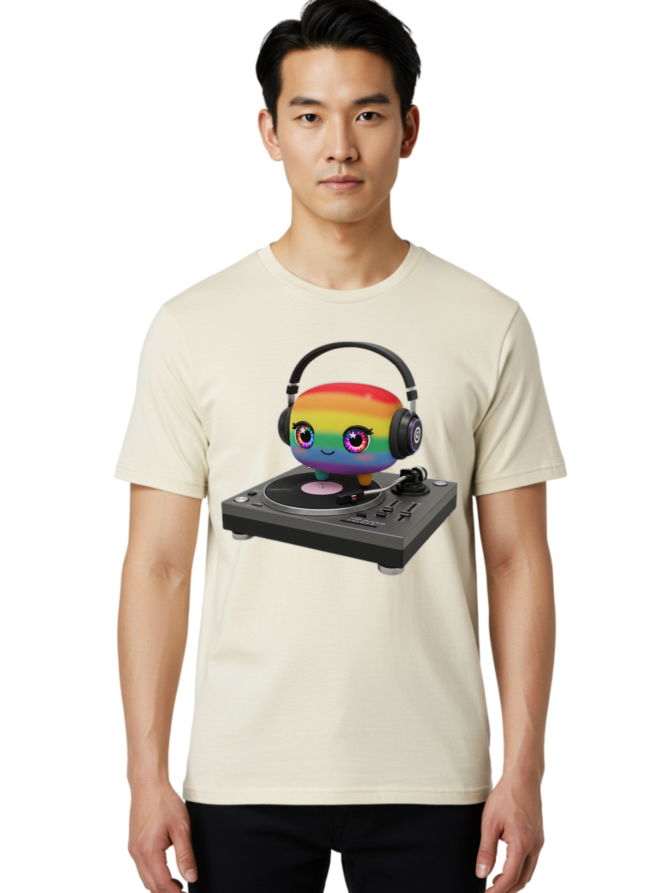 Rainbow-Kawaii-Dj Men'S Graphic Tee, 100% Cotton, Comfortable Casual Summer Wear, Machine Washable, Rainbow-Colored Emoji, Djing With Headphones, Vinyl Record Player, Music Production, Colorful Character, Playful Illustration, 3D Art, Bad469